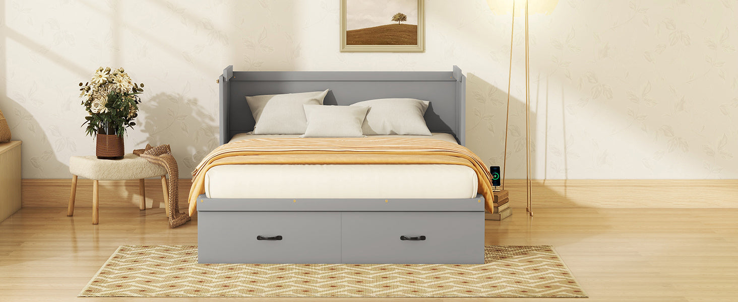 Queen Size Murphy Bed With Usb Port And A Large Drawer, Gray Gray Solid Wood Mdf