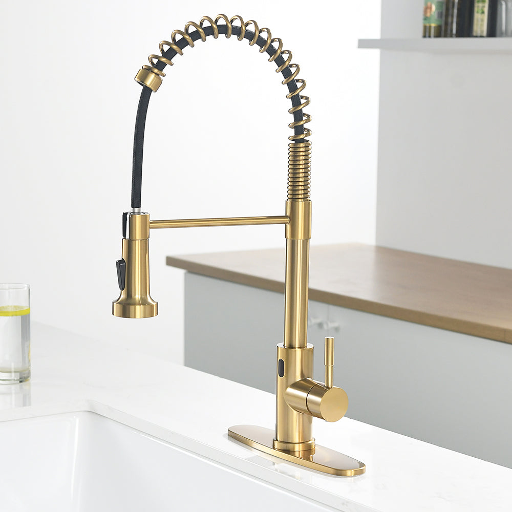 Touchless Kitchen Faucet,Hands Free Automatic Smart Kitchen Faucet Brushed Gold Kitchen Contemporary Ceramic Stainless Steel