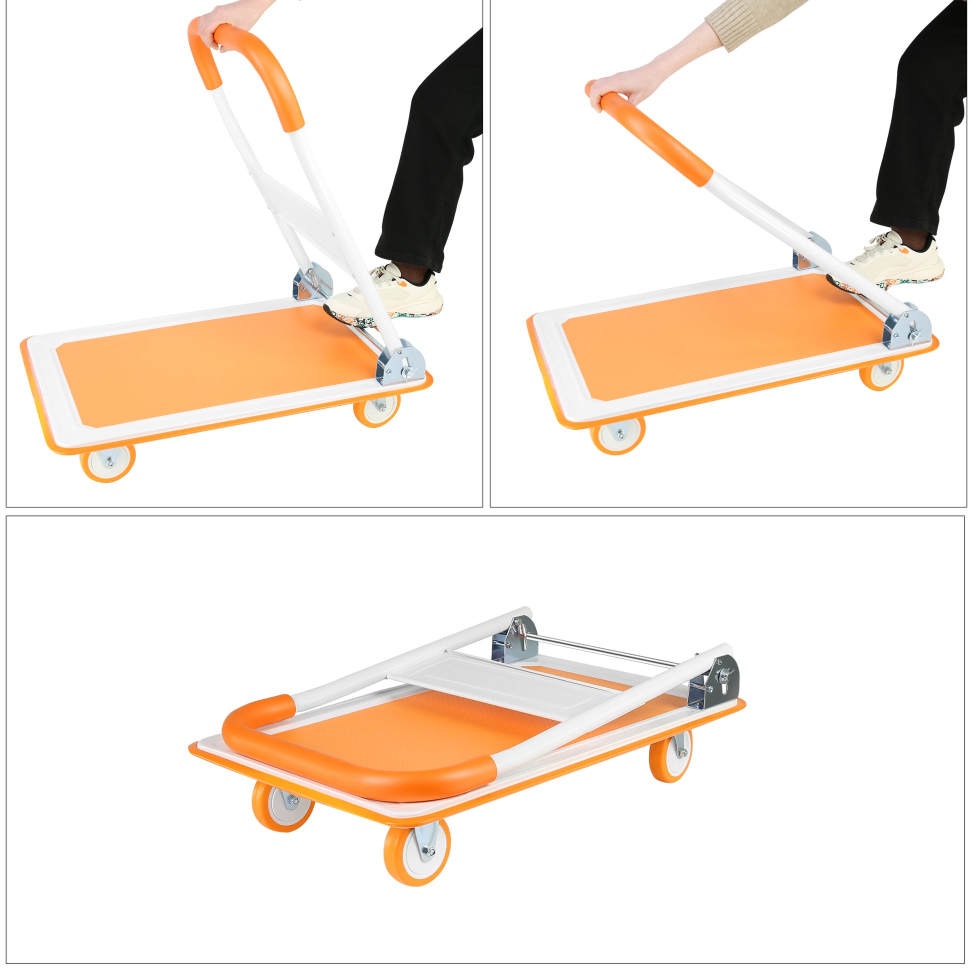 Push Cart Dolly, Moving Platform Hand Truck, Foldable For Easy Storage And 360 Degree Swivel Wheels With 330Lb Weight Capacity Orange Steel