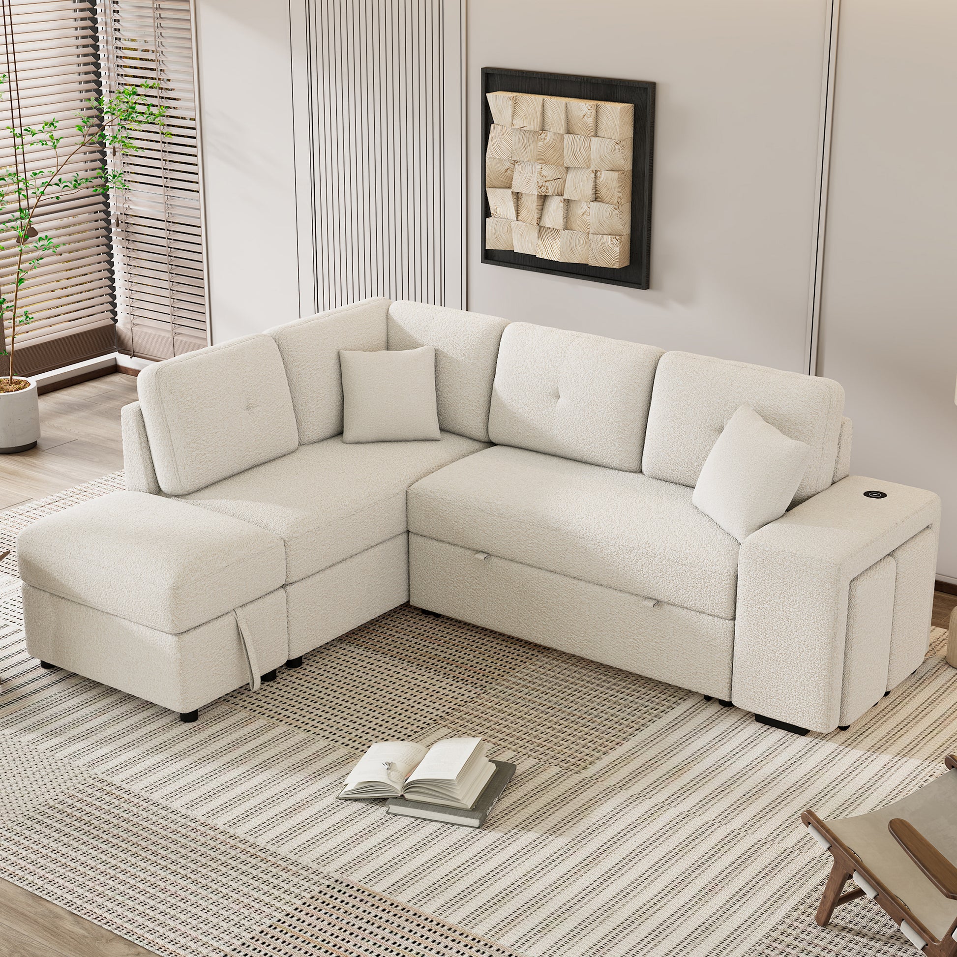 87.7" Convertible Sleeper, Sectional Pull Out Sofa Bed With Storage Ottoman, 2 Throw Pillows, 2 Stools, Wireless Charger And Two Hidden Usb Ports For Living Room, Cream Cream Chenille 4 Seat