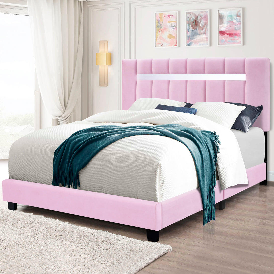 Pink Velvet Upholstered Bed Frame With Adjustable Features, Teenage Girl'S Favorite Pink Collection. Box Spring Not Required Queen Pink Wood Espresso Bedroom Minimalist,Shabby Chic,Ultra Modern Rubberwood Adjustable Bedbase Fiber Foam And Polyester Fiber