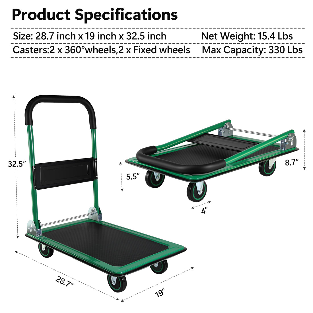 Push Cart Dolly, Moving Platform Hand Truck, Foldable For Easy Storage And 360 Degree Swivel Wheels With 330Lb Weight Capacity Green Steel