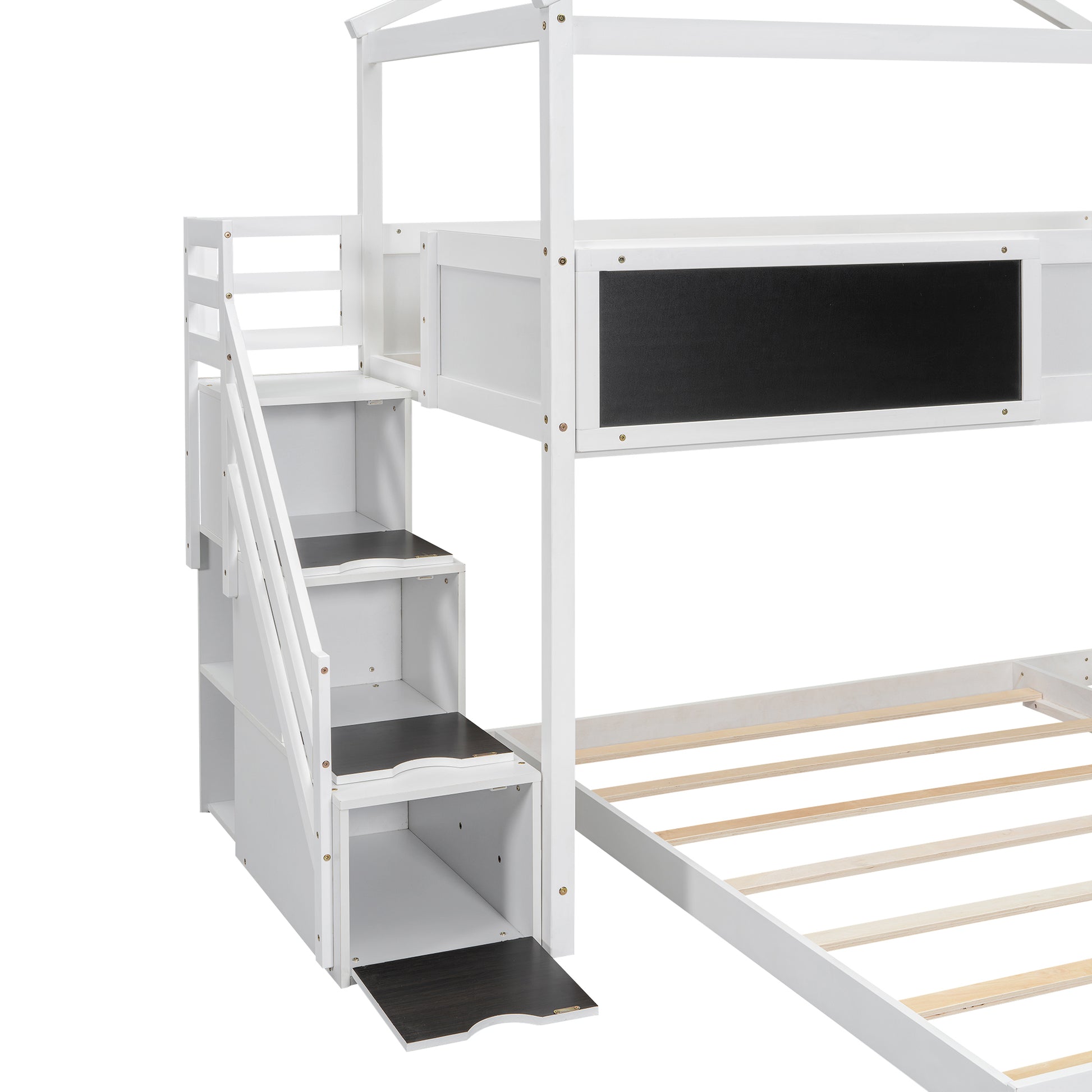 Twin Over Full House Bunk Bed With Storage Staircase And Blackboard,White Old Sku: Gx001701Aak Box Spring Not Required White Wood Bedroom Bunk Pine