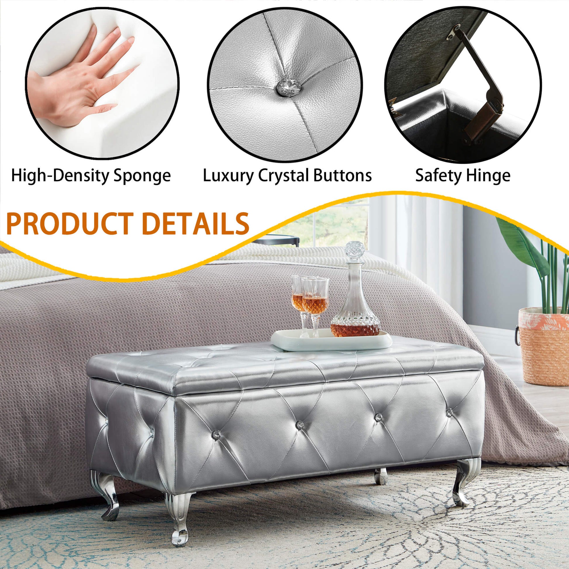 Upholstered Storage Ottoman Bench For Bedroom End Of Bed Faux Leather Rectangular Storage Benches Footrest With Crystal Buttons For Living Room Entryway Silver White Wood Bedroom Black Pattern Pine