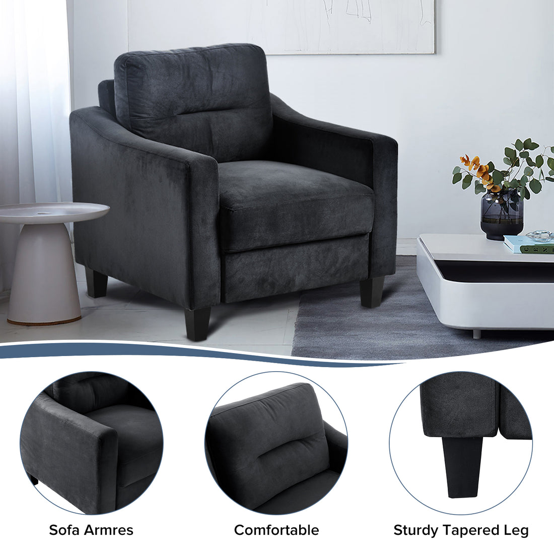 Couch Comfortable Sectional Couches And Sofas For Living Room Bedroom Office Small Space Black Velvet 1 Seat
