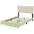 Full Size Velvet Platform Bed With Led Frame And Stylish Mental Bed Legs, Beige Beige Velvet