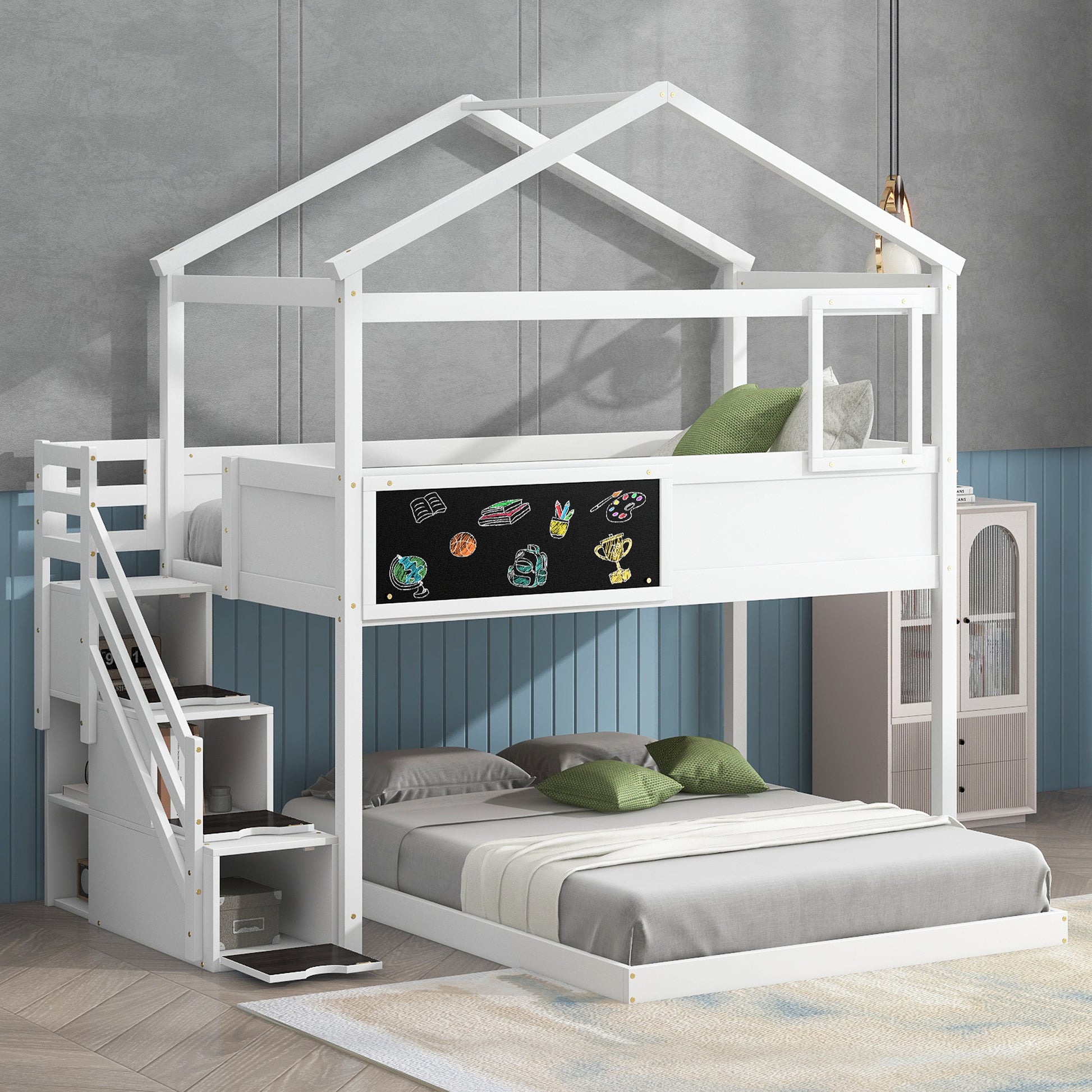 Twin Over Full House Bunk Bed With Storage Staircase And Blackboard,White Old Sku: Gx001701Aak Box Spring Not Required White Wood Bedroom Bunk Pine