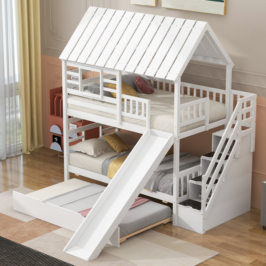 Twin Over Twin House Bunk Bed With Trundle And Slide, Storage Staircase, Roof And Window Design, White Old Sku: Gx000931Aak Box Spring Not Required Twin White Wood Bedroom Bunk Pine