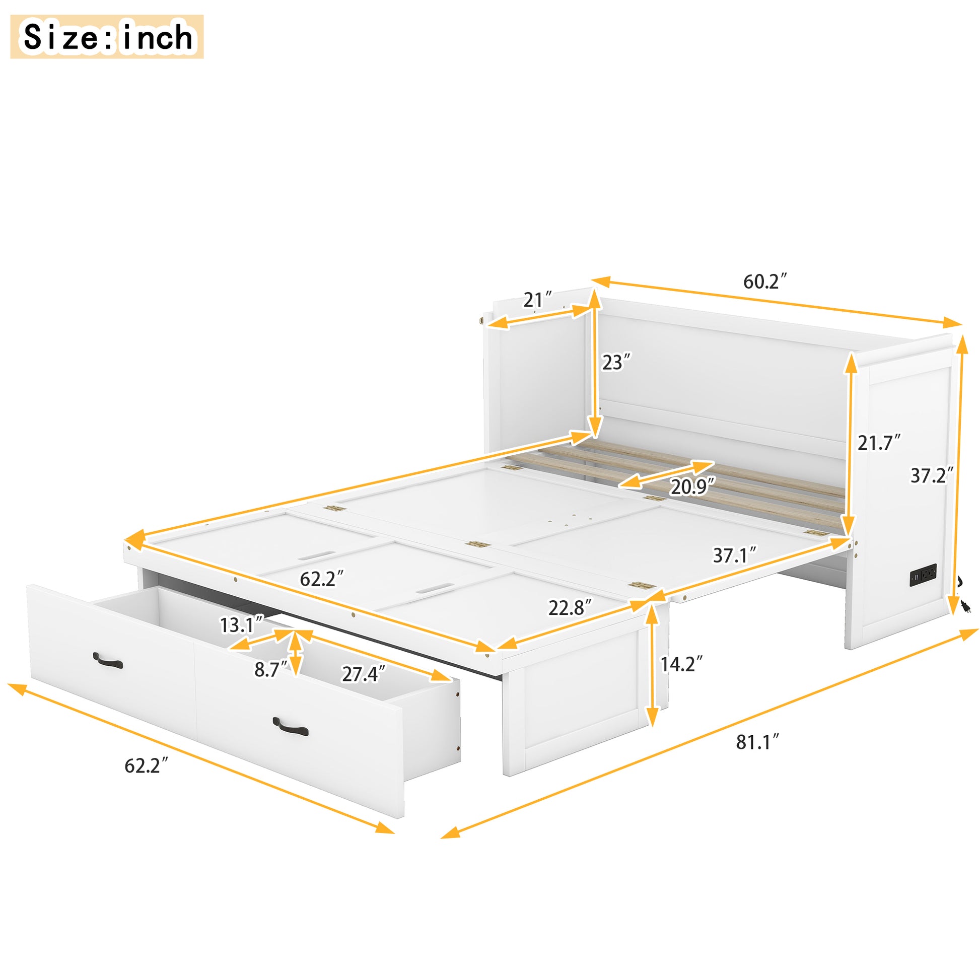 Queen Size Murphy Bed With Usb Port And A Large Drawer, White Queen White Solid Wood Mdf