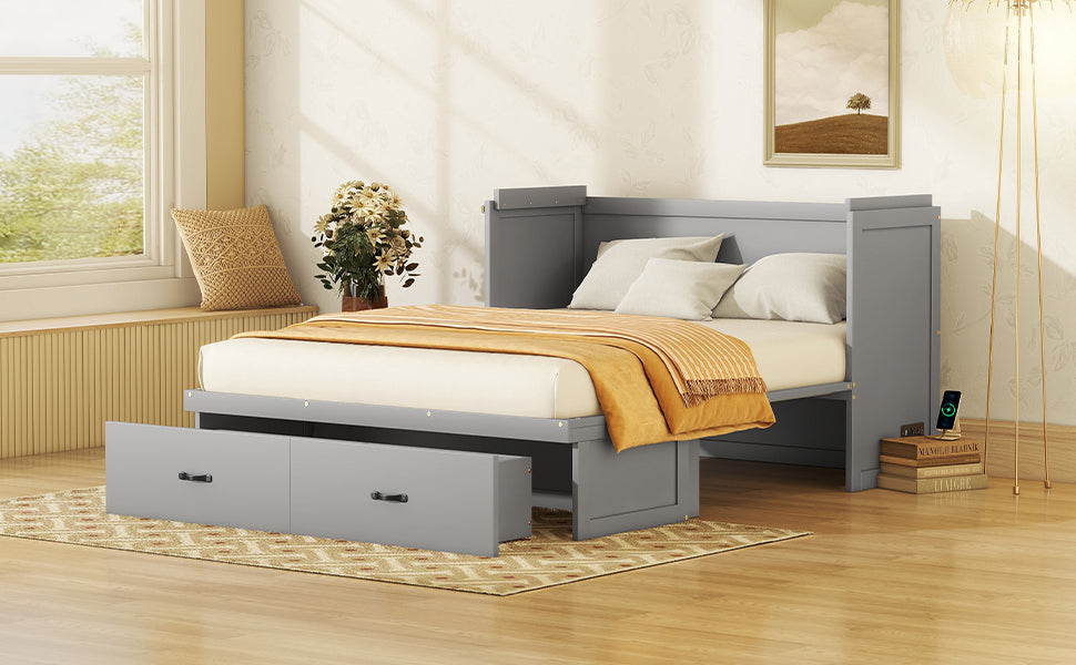 Queen Size Murphy Bed With Usb Port And A Large Drawer, Gray Gray Solid Wood Mdf