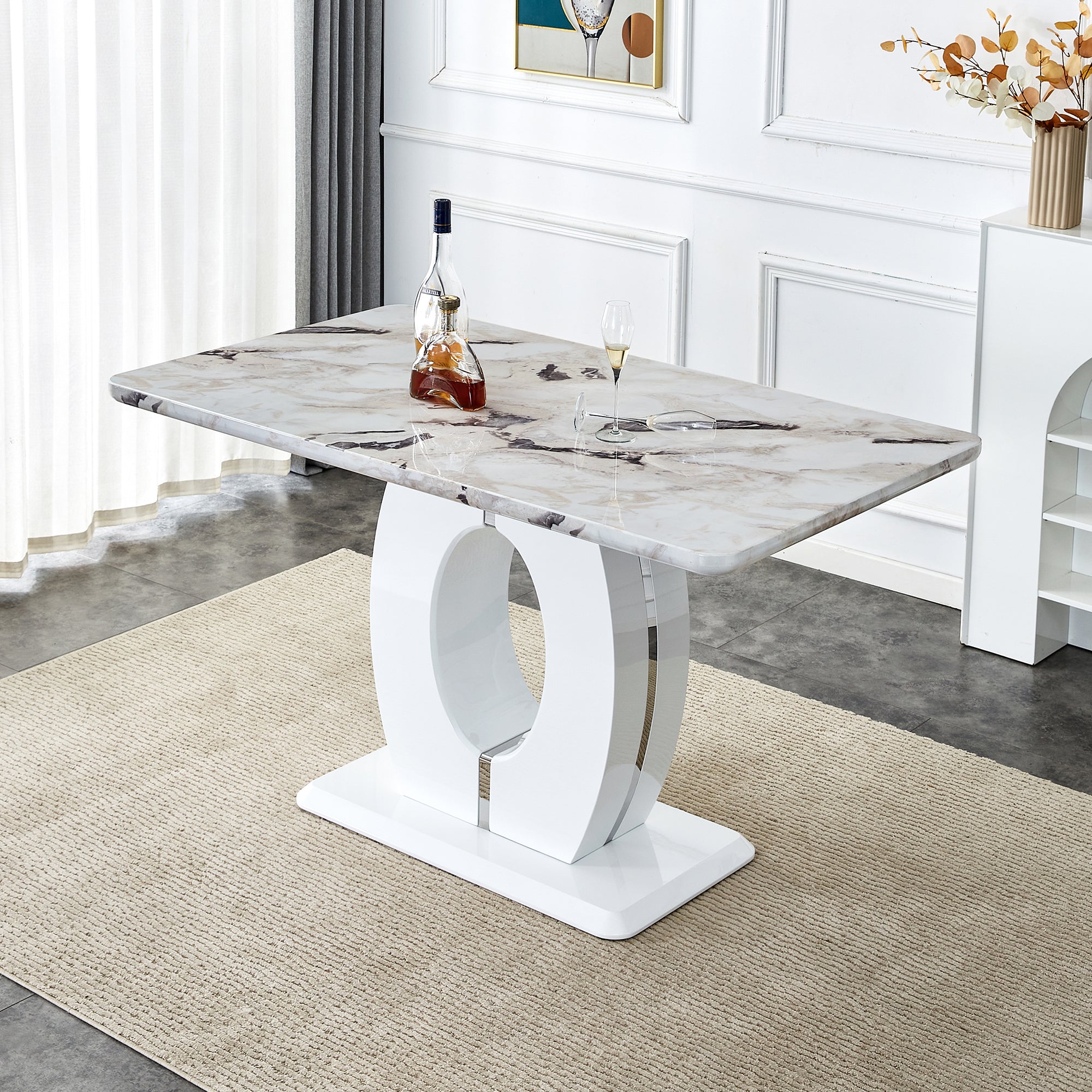 Modern Minimalist White Marble Patterned Dining Table, Bar Table. A Rectangular Office Desk. Game Table. Table. Used In Restaurants, Living Rooms, Terraces, Kitchens 63"*37"* 36.2" 1280 White Mdf