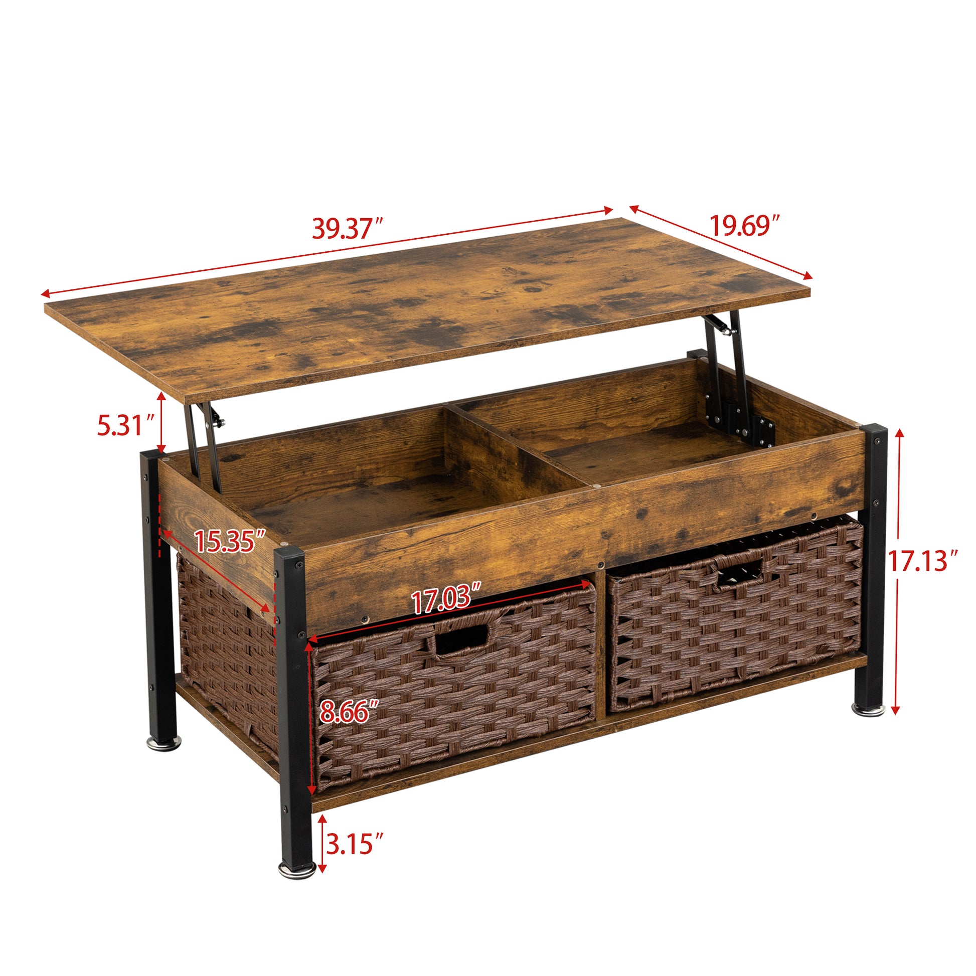 Metal Coffee Table,Desk,With A Lifting Table,And Hidden Storage Space.There Were Two Removable Wicker Baskets That Could Be Placed In Any Space Such As The Living Room,Color:Brown With Fire Wood Grain Light Brown Height Adjustable & Standing Desks