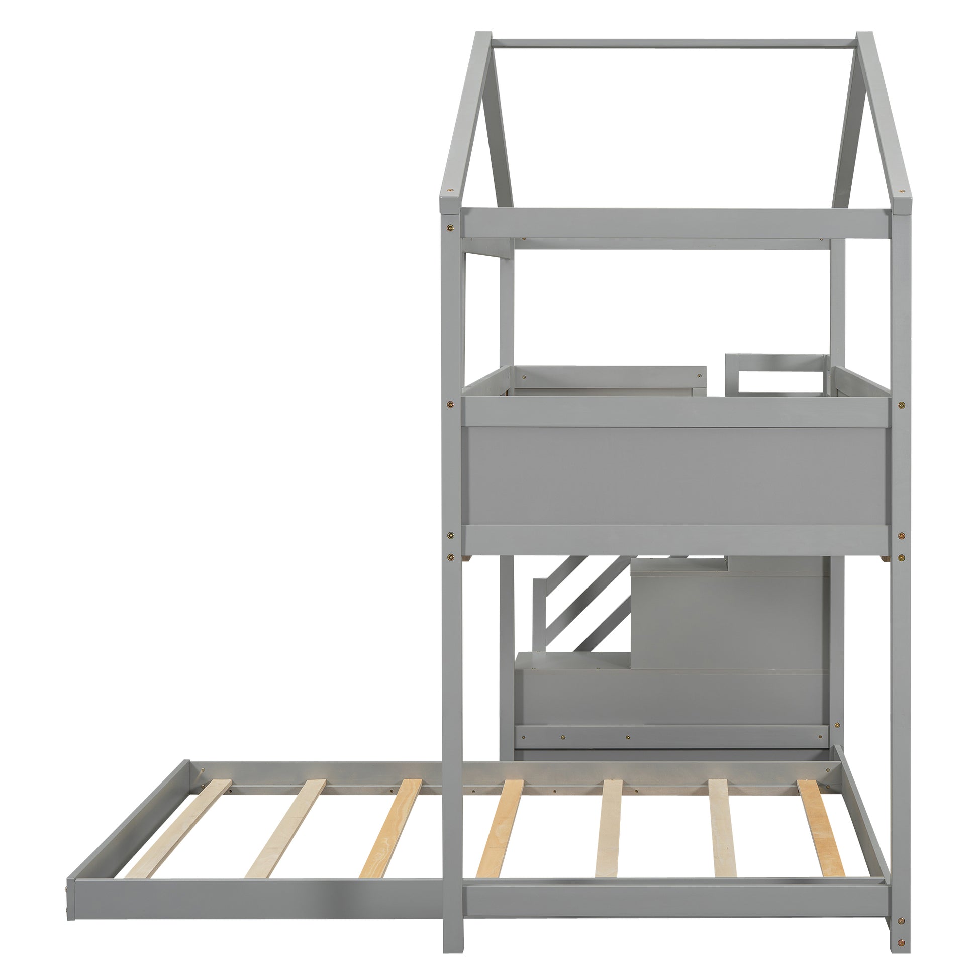 Twin Over Full House Bunk Bed With Storage Staircase And Blackboard,Gray Old Sku: Gx001701Aae Box Spring Not Required Gray Wood Bedroom Bunk Pine
