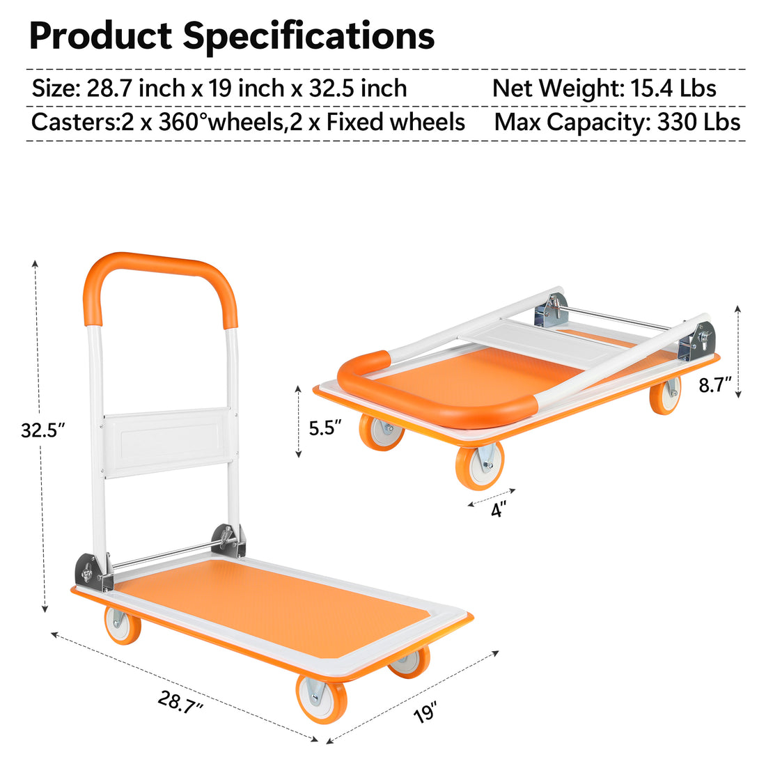 Push Cart Dolly, Moving Platform Hand Truck, Foldable For Easy Storage And 360 Degree Swivel Wheels With 330Lb Weight Capacity Orange Steel