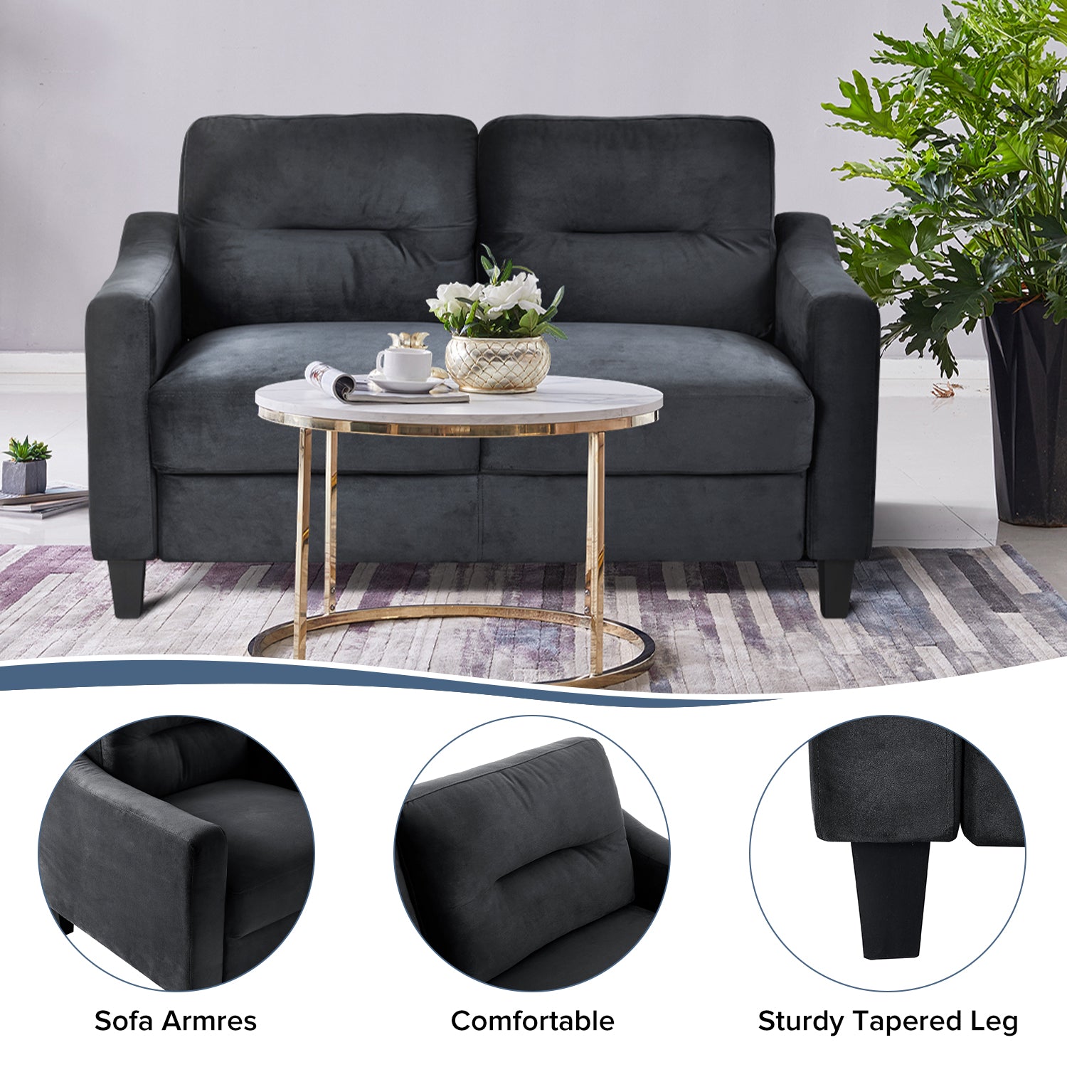 Couch Comfortable Sectional Couches And Sofas For Living Room Bedroom Office Small Space Black Velvet 2 Seat