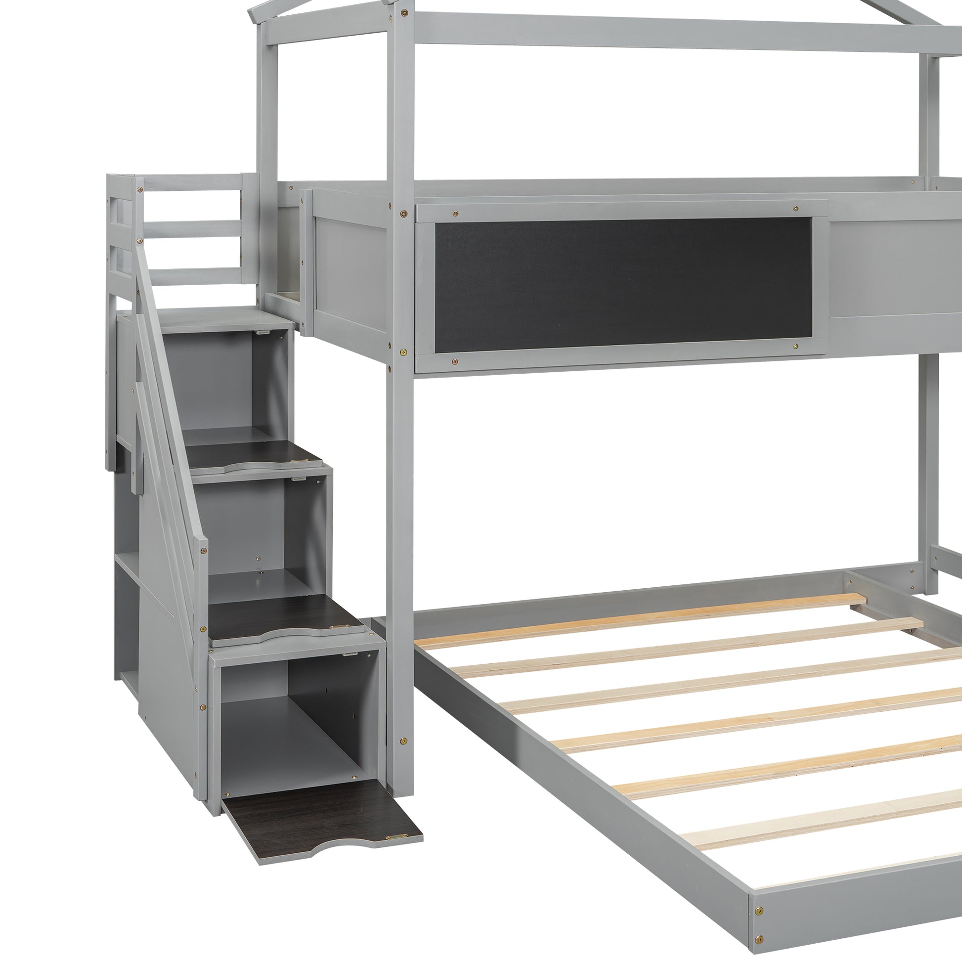 Twin Over Full House Bunk Bed With Storage Staircase And Blackboard,Gray Old Sku: Gx001701Aae Box Spring Not Required Gray Wood Bedroom Bunk Pine