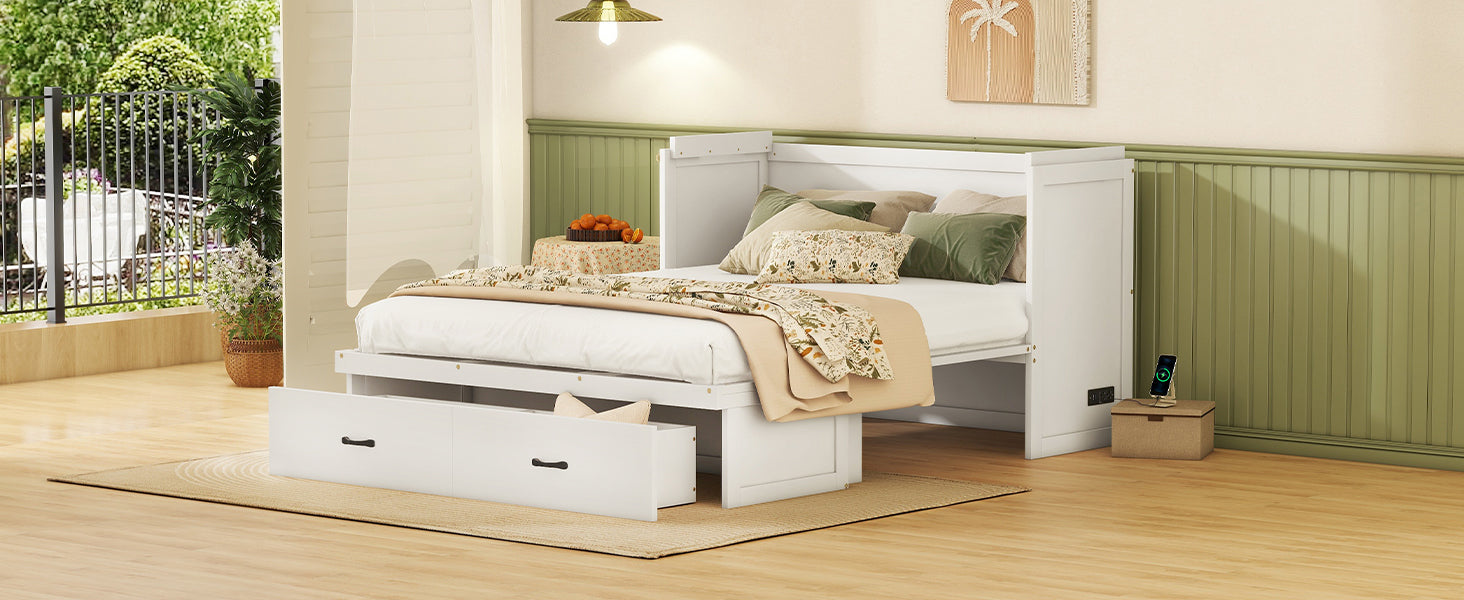 Queen Size Murphy Bed With Usb Port And A Large Drawer, White Queen White Solid Wood Mdf