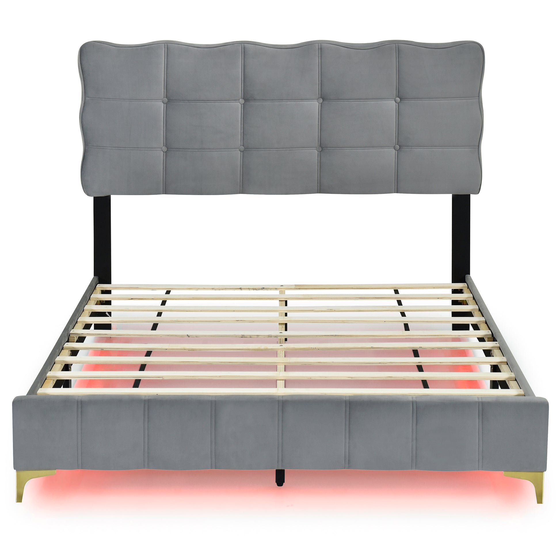 Queen Size Velvet Platform Bed With Led Frame And Stylish Mental Bed Legs, Gray Gray Velvet
