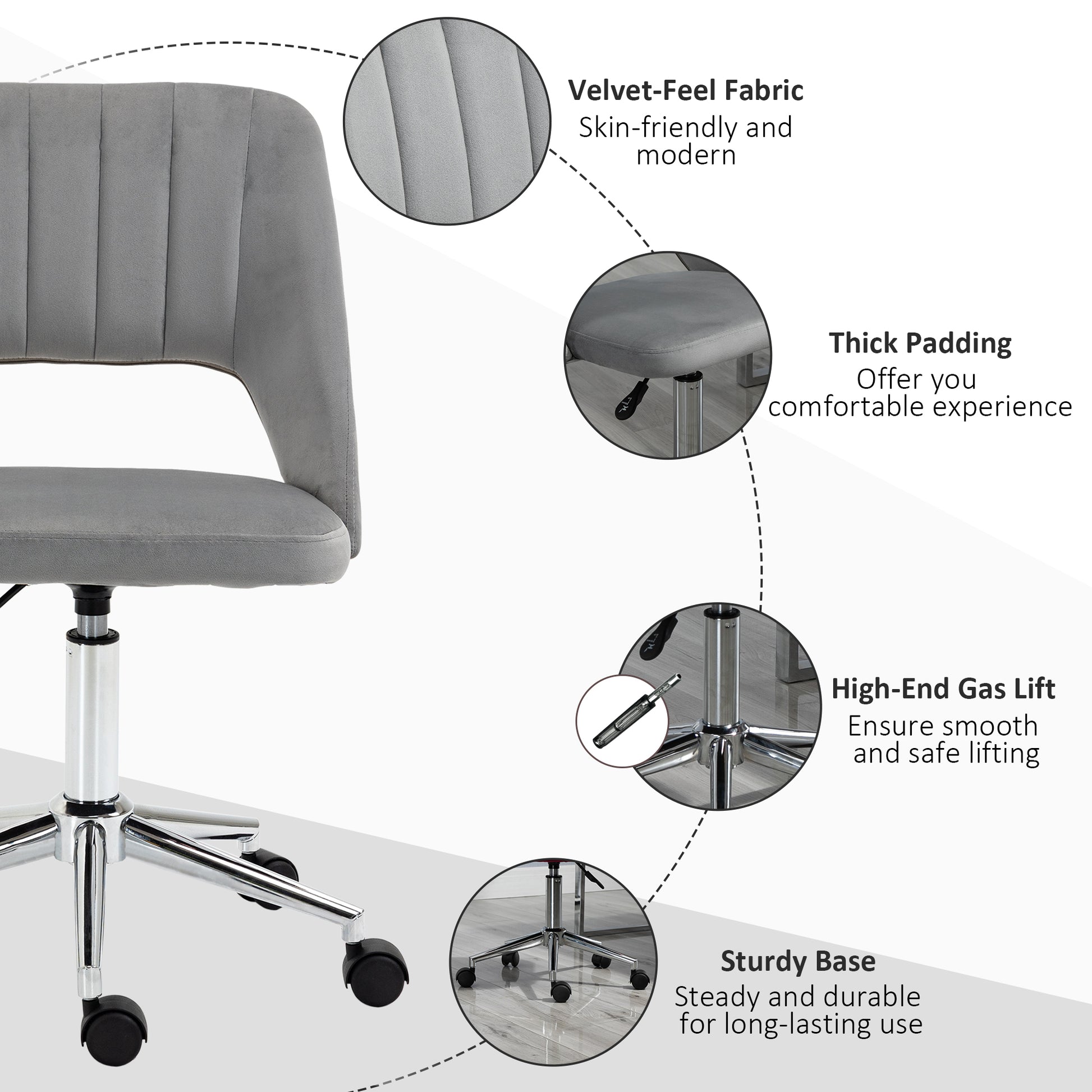 Vinsetto Modern Mid Back Office Chair With Velvet Fabric, Swivel Computer Armless Desk Chair With Hollow Back Design For Home Office, Grey Gray Polyester
