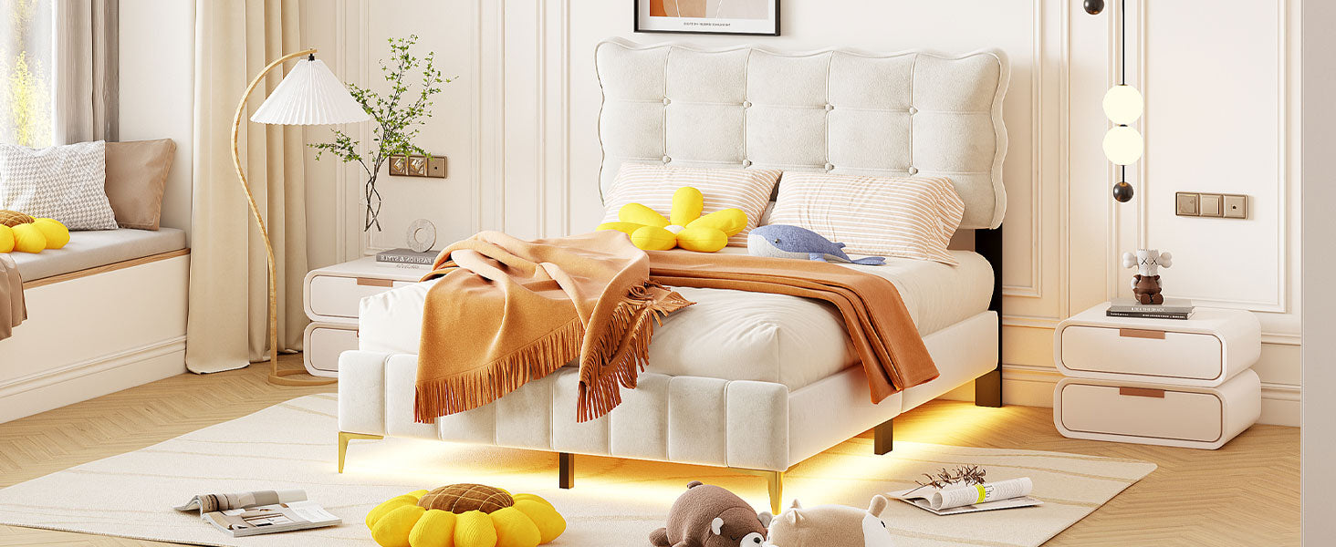 Full Size Velvet Platform Bed With Led Frame And Stylish Mental Bed Legs, Beige Beige Velvet