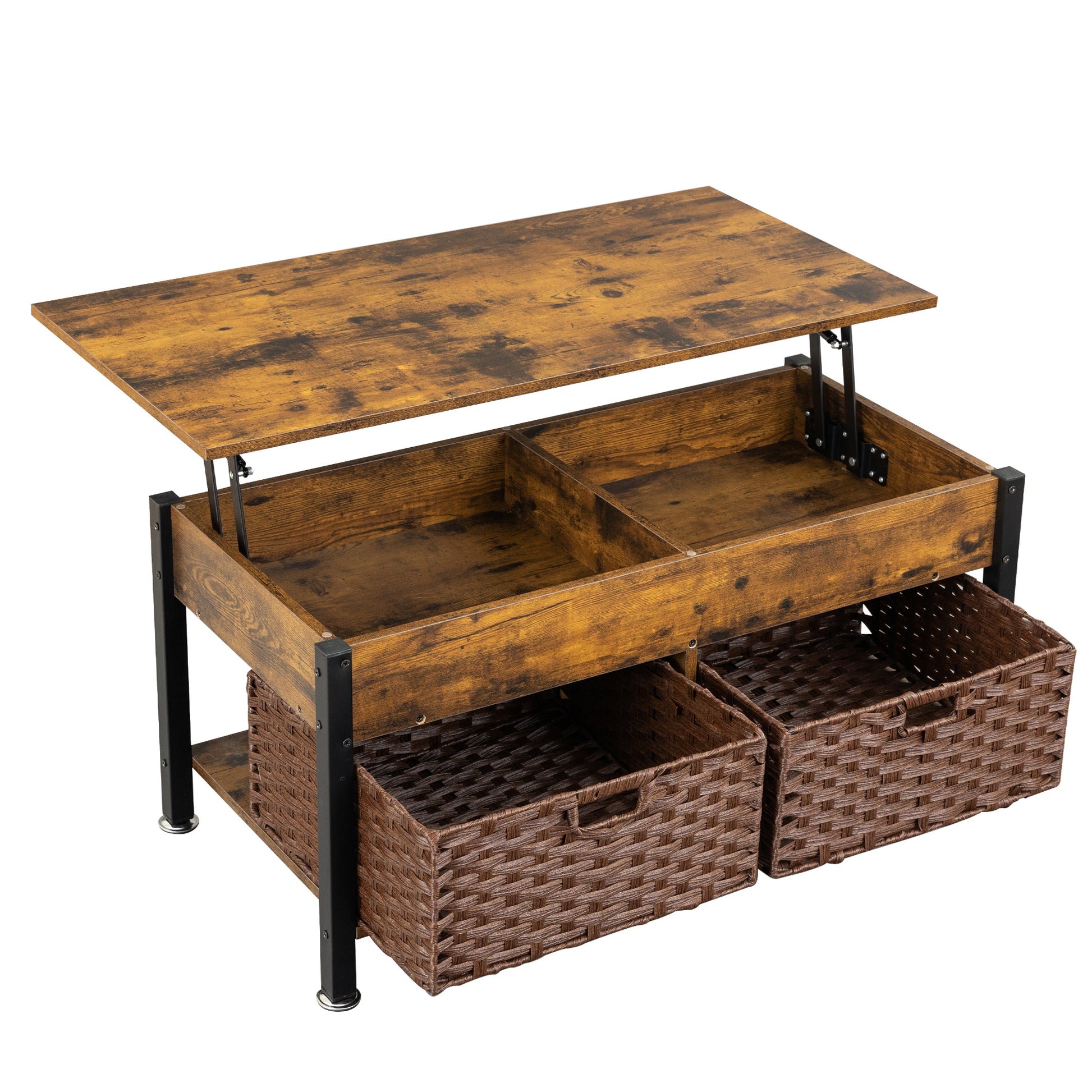 Metal Coffee Table,Desk,With A Lifting Table,And Hidden Storage Space.There Were Two Removable Wicker Baskets That Could Be Placed In Any Space Such As The Living Room,Color:Brown With Fire Wood Grain Light Brown Height Adjustable & Standing Desks