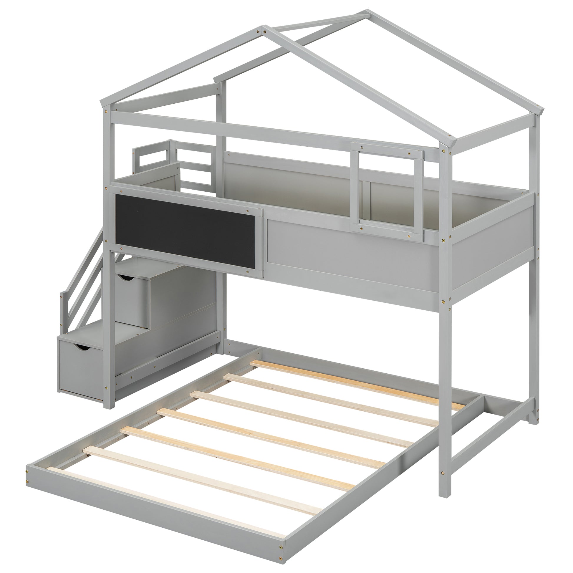 Twin Over Full House Bunk Bed With Storage Staircase And Blackboard,Gray Old Sku: Gx001701Aae Box Spring Not Required Gray Wood Bedroom Bunk Pine