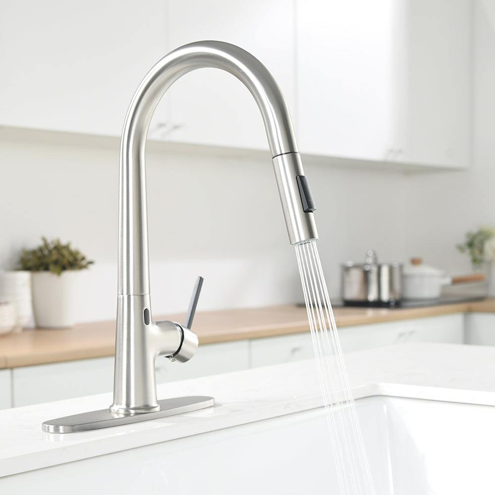 Touchless Kitchen Faucet,Hands Free Automatic Smart Kitchen Faucet Brushed Nickel Kitchen Contemporary Ceramic Zinc