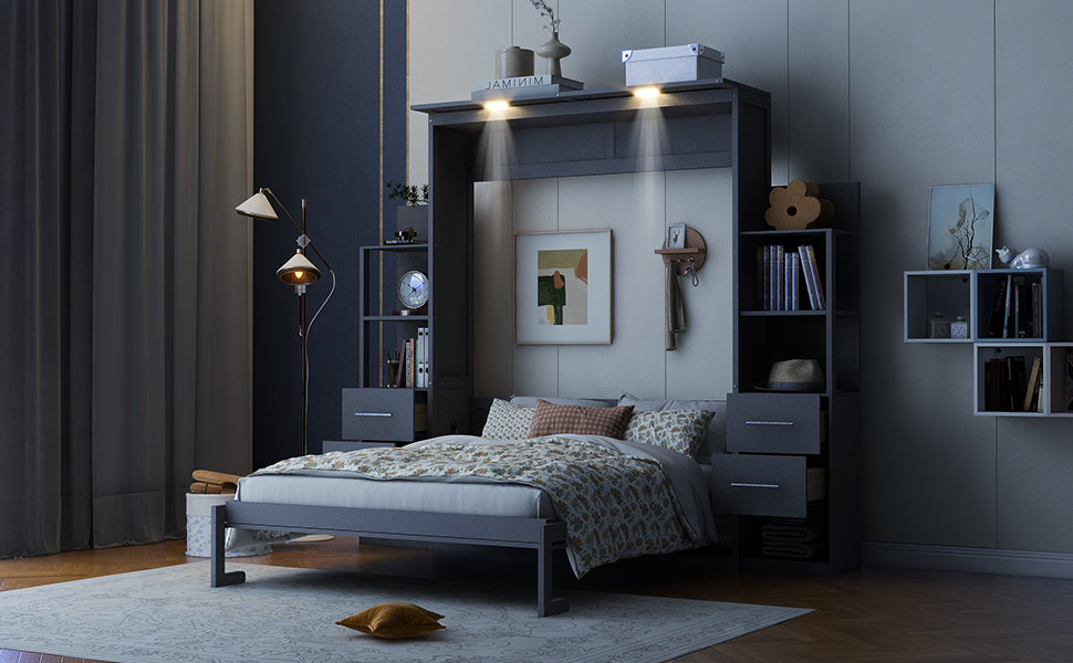 Queen Size Murphy Bed Wall Bed With Shelves, Drawers And Led Lights,Gray Queen Gray Mdf Lvl