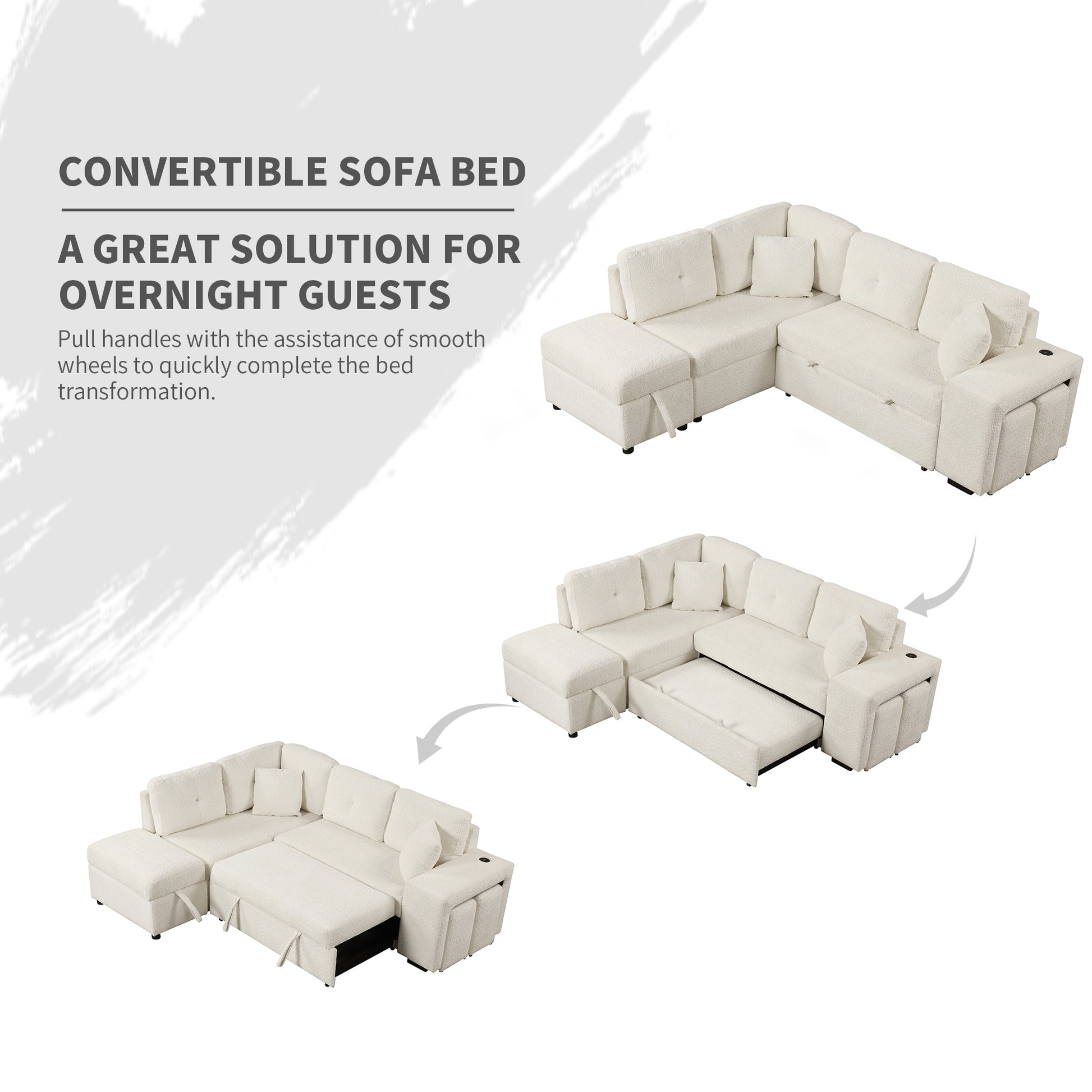 87.7" Convertible Sleeper, Sectional Pull Out Sofa Bed With Storage Ottoman, 2 Throw Pillows, 2 Stools, Wireless Charger And Two Hidden Usb Ports For Living Room, Cream Cream Chenille 4 Seat