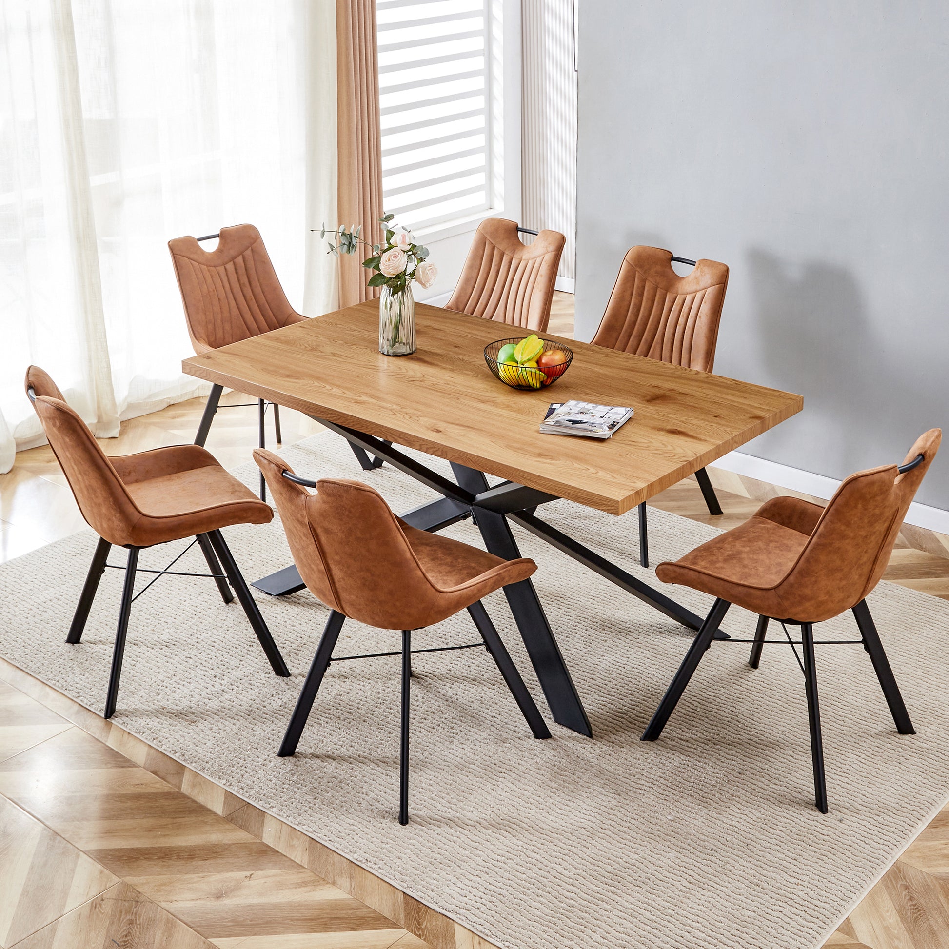 63 Inch, Rectangle Dining Table Set For People, Oak Wood Effect, I