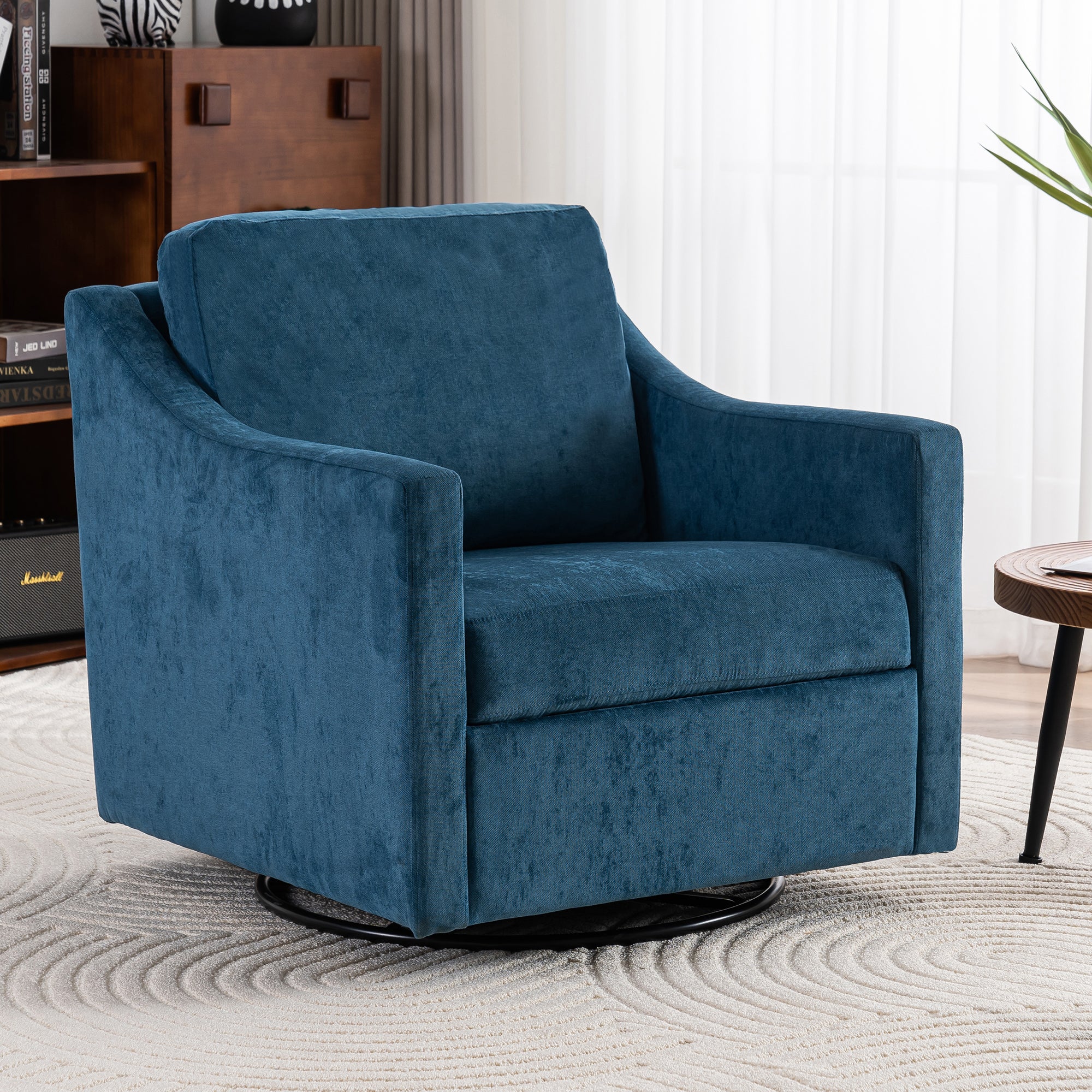 Large Swivel Chair, Upholstered Armchair, Modern Chair, Skin Friendly Gradient Color Linen Fabric, Comfortable To Sit. Suitable For Reception Living Room, Navy Blue Navy Blue Fabric