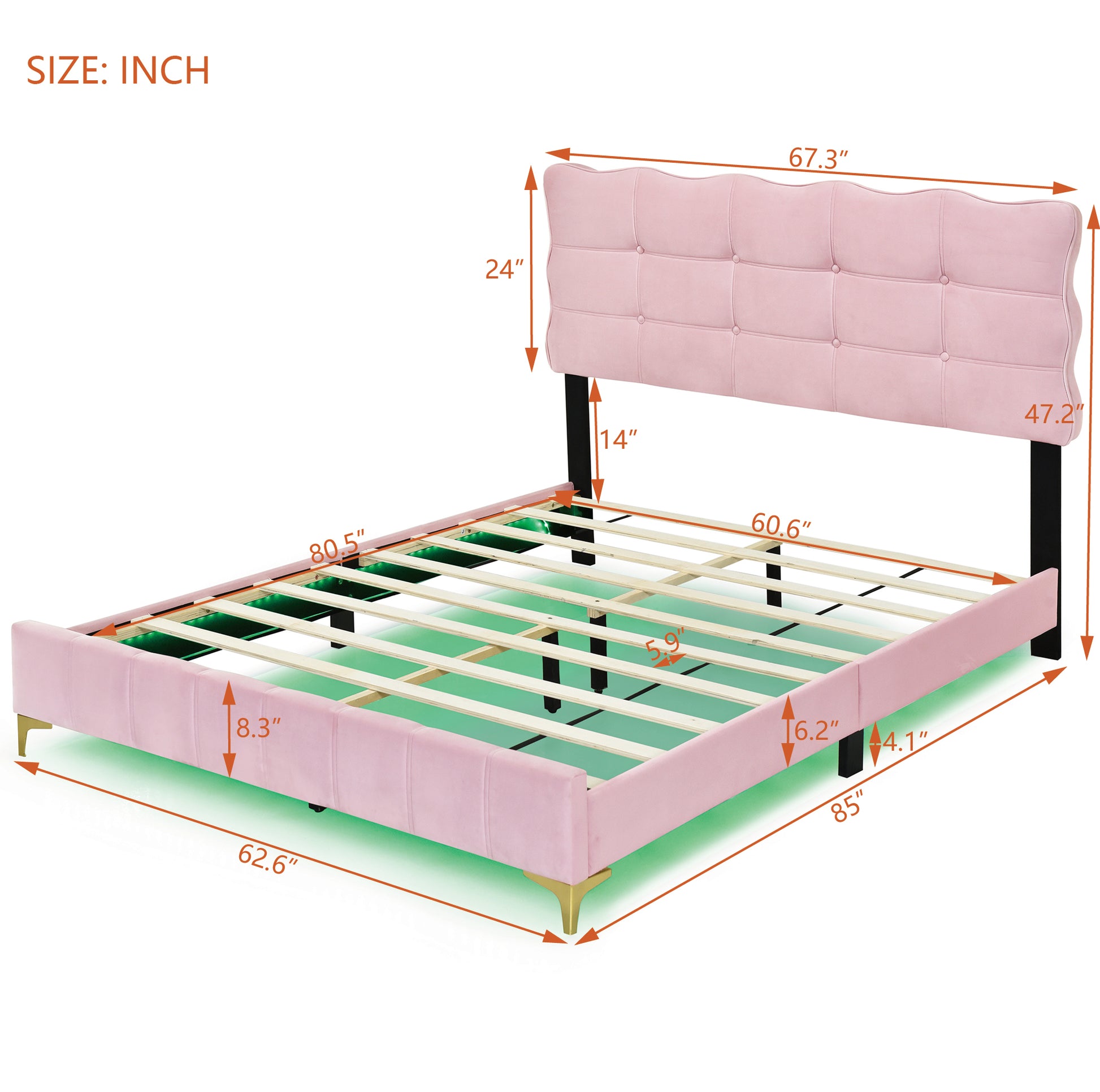 Queen Size Velvet Platform Bed With Led Frame And Stylish Mental Bed Legs, Pink Pink Velvet