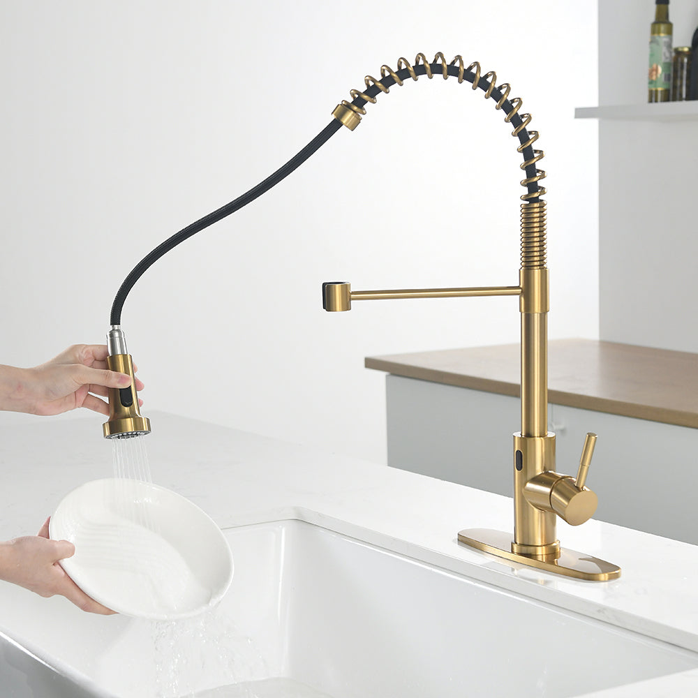 Touchless Kitchen Faucet,Hands Free Automatic Smart Kitchen Faucet Brushed Gold Kitchen Contemporary Ceramic Stainless Steel