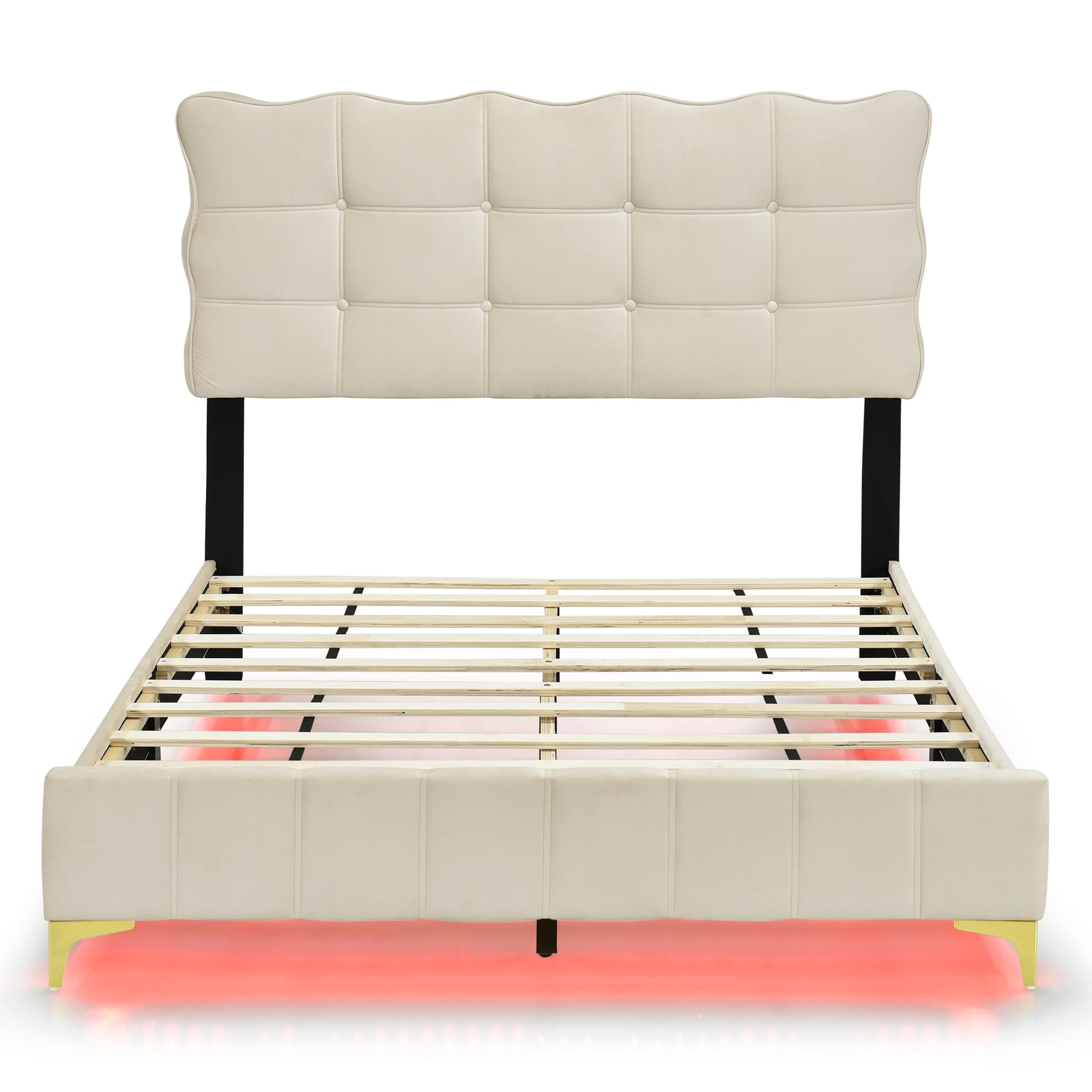 Full Size Velvet Platform Bed With Led Frame And Stylish Mental Bed Legs, Beige Beige Velvet