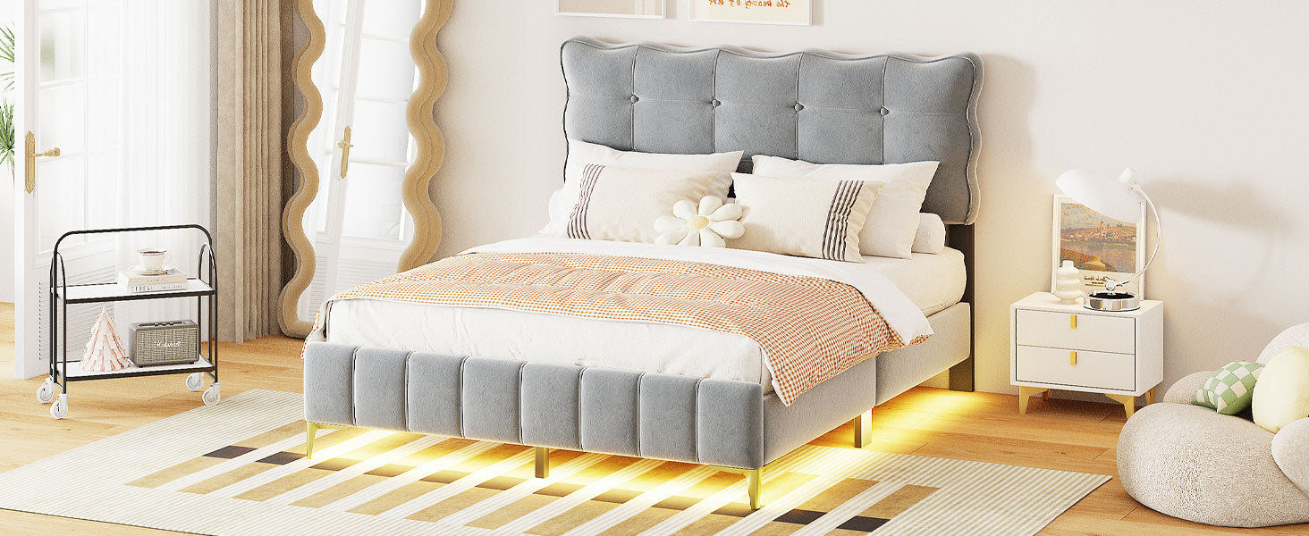 Queen Size Velvet Platform Bed With Led Frame And Stylish Mental Bed Legs, Gray Gray Velvet