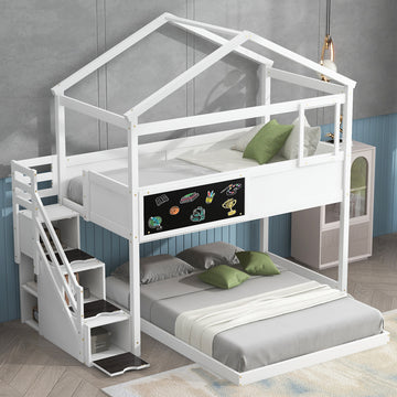 Twin Over Full House Bunk Bed With Storage Staircase And Blackboard,White Old Sku: Gx001701Aak Box Spring Not Required White Wood Bedroom Bunk Pine