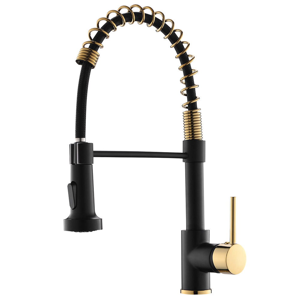 Commercial Kitchen Faucet With Pull Down Sprayer, Single Handle Single Lever Kitchen Sink Faucet Black Gold Kitchen Contemporary Ceramic Brass