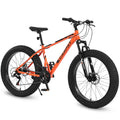 S26109 Elecony 26 Inch Fat Tire Bike Adult Youth Full Shimano 21 Speed Mountain Bike, Dual Disc Brake, High Carbon Steel Frame, Front Suspension, Mountain Trail Bike, Urban Commuter City Bicycle Orange Iron