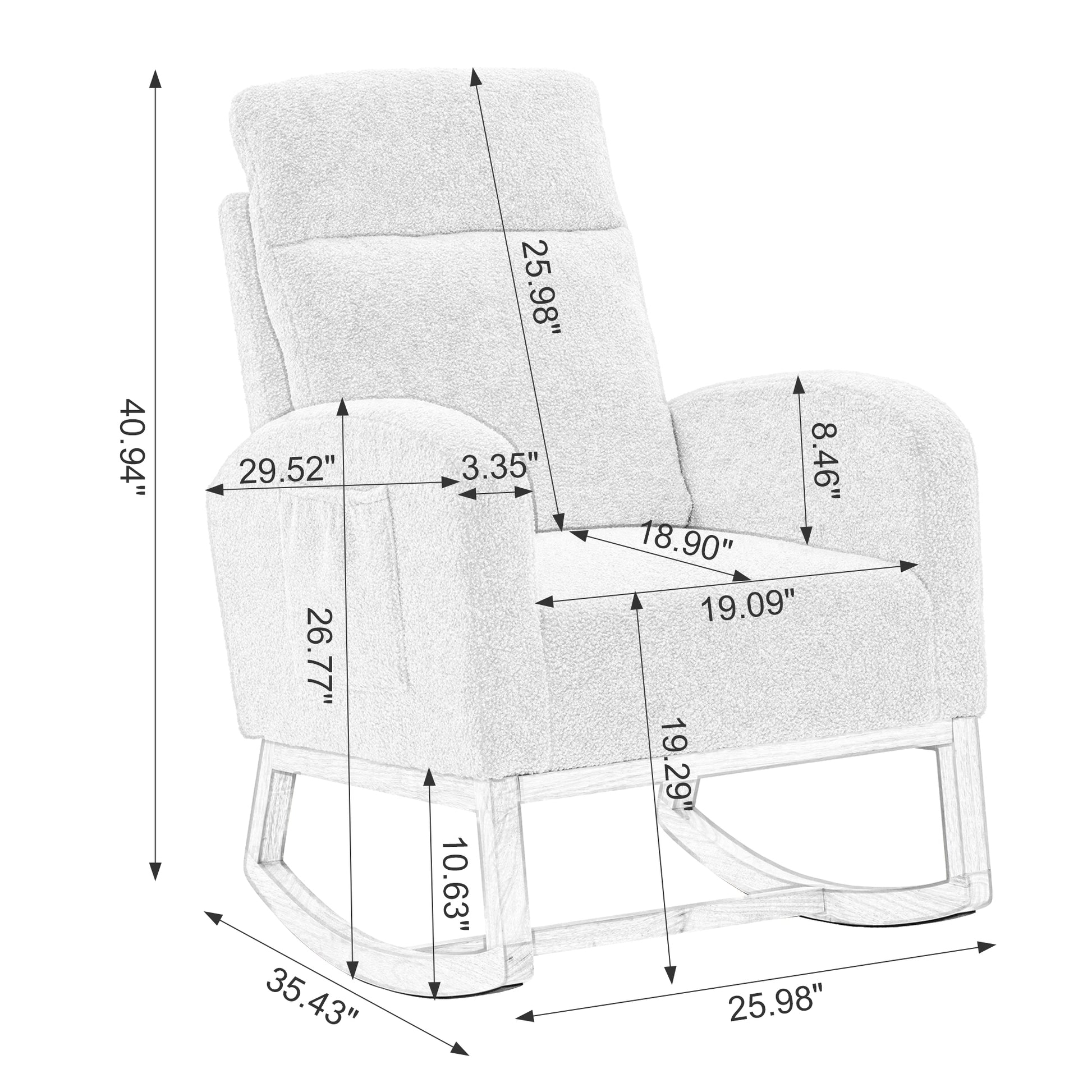 Modern Accent Rocking Chair Rocking Chair With Solid Wood Legs, Upholstered Nursery Glider Rocker, Comfy Armchair With Side Pocket, Living Room Lounge Arm Chair With High Backrest White,Teddy White White Primary Living Space Casual Foam Teddy