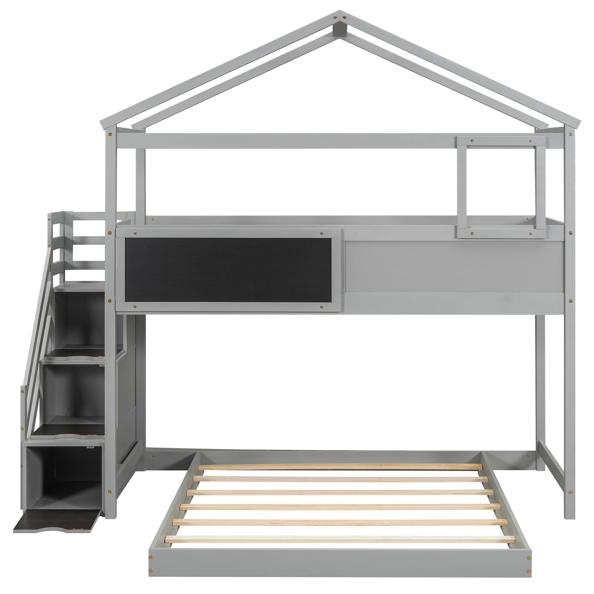 Twin Over Full House Bunk Bed With Storage Staircase And Blackboard,Gray Old Sku: Gx001701Aae Box Spring Not Required Gray Wood Bedroom Bunk Pine