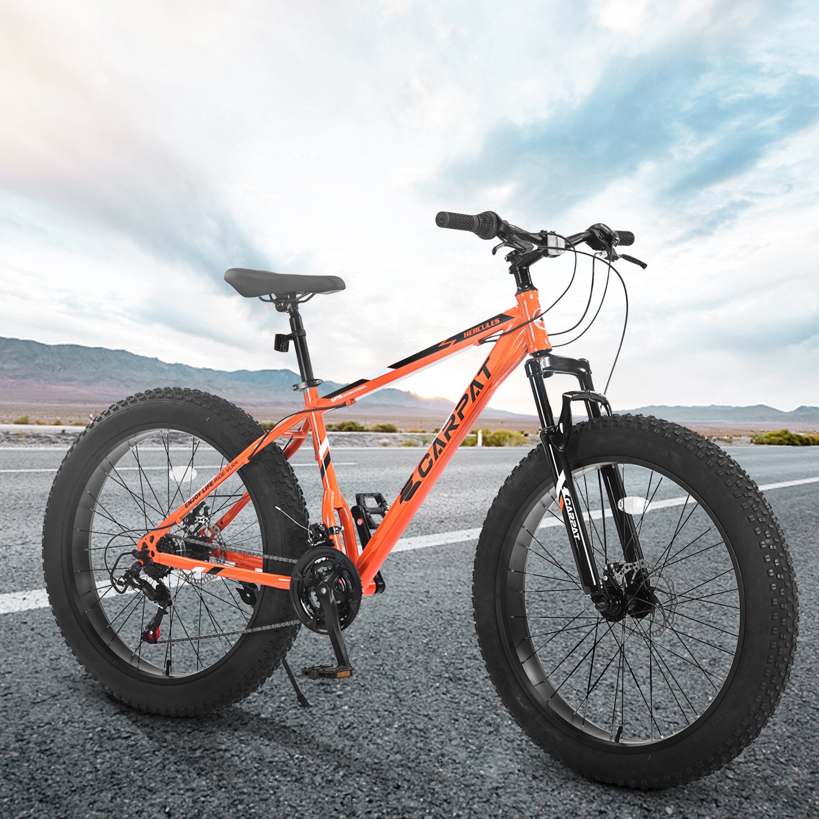 S26109 Elecony 26 Inch Fat Tire Bike Adult Youth Full Shimano 21 Speed Mountain Bike, Dual Disc Brake, High Carbon Steel Frame, Front Suspension, Mountain Trail Bike, Urban Commuter City Bicycle Orange Iron