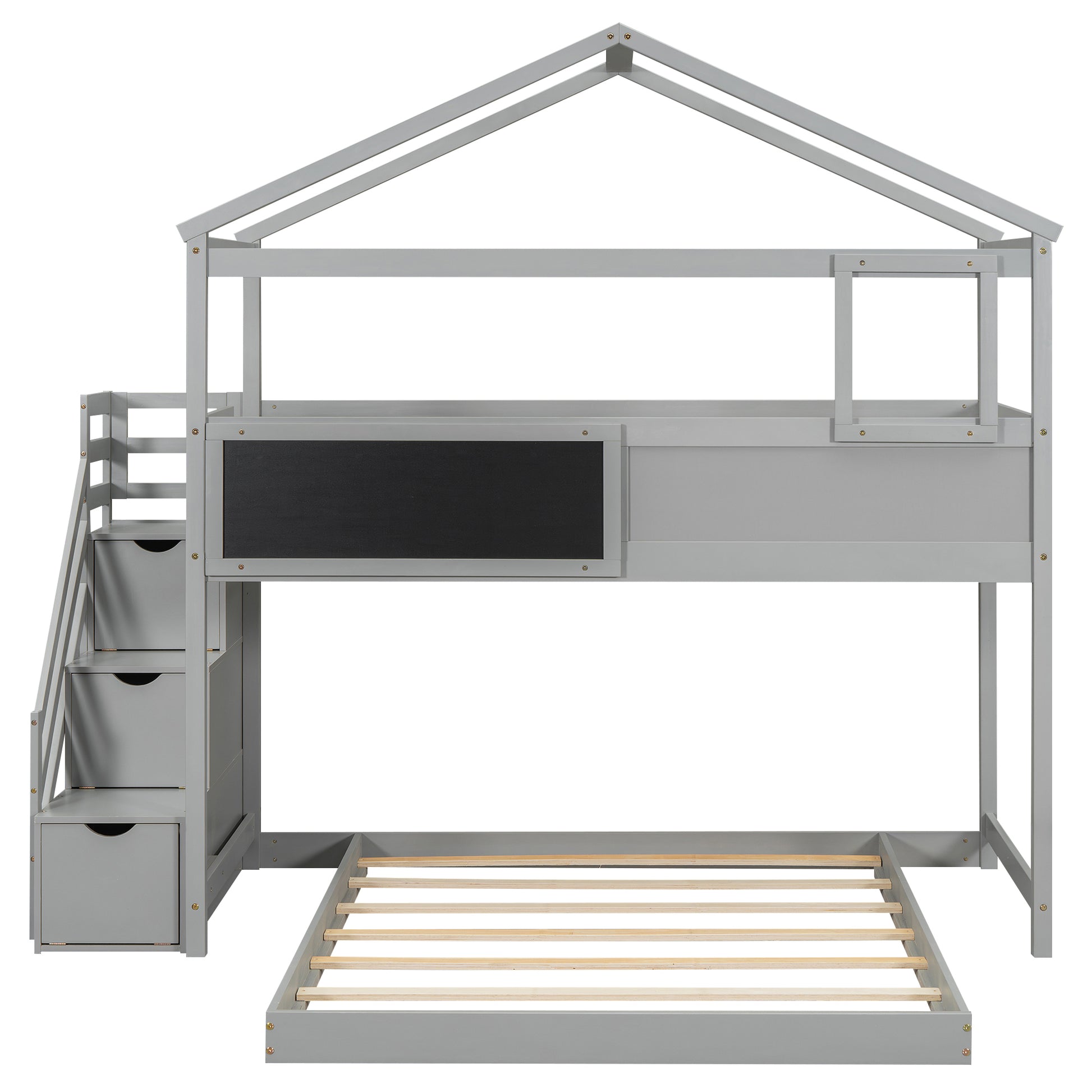 Twin Over Full House Bunk Bed With Storage Staircase And Blackboard,Gray Old Sku: Gx001701Aae Box Spring Not Required Gray Wood Bedroom Bunk Pine
