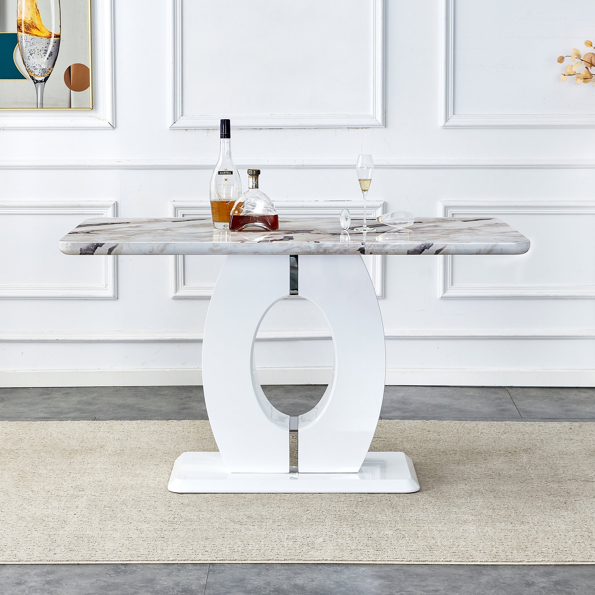 Modern Minimalist White Marble Patterned Dining Table, Bar Table. A Rectangular Office Desk. Game Table. Table. Used In Restaurants, Living Rooms, Terraces, Kitchens 63"*37"* 36.2" 1280 White Mdf