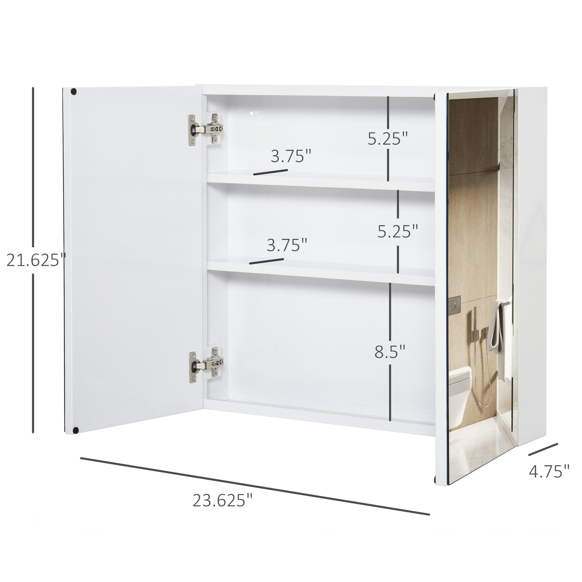 Kleankin Bathroom Mirrored Cabinet, 24"X22" Steel Frame Medicine Cabinet, Wall Mounted Storage Organizer With Double Doors, White White Steel