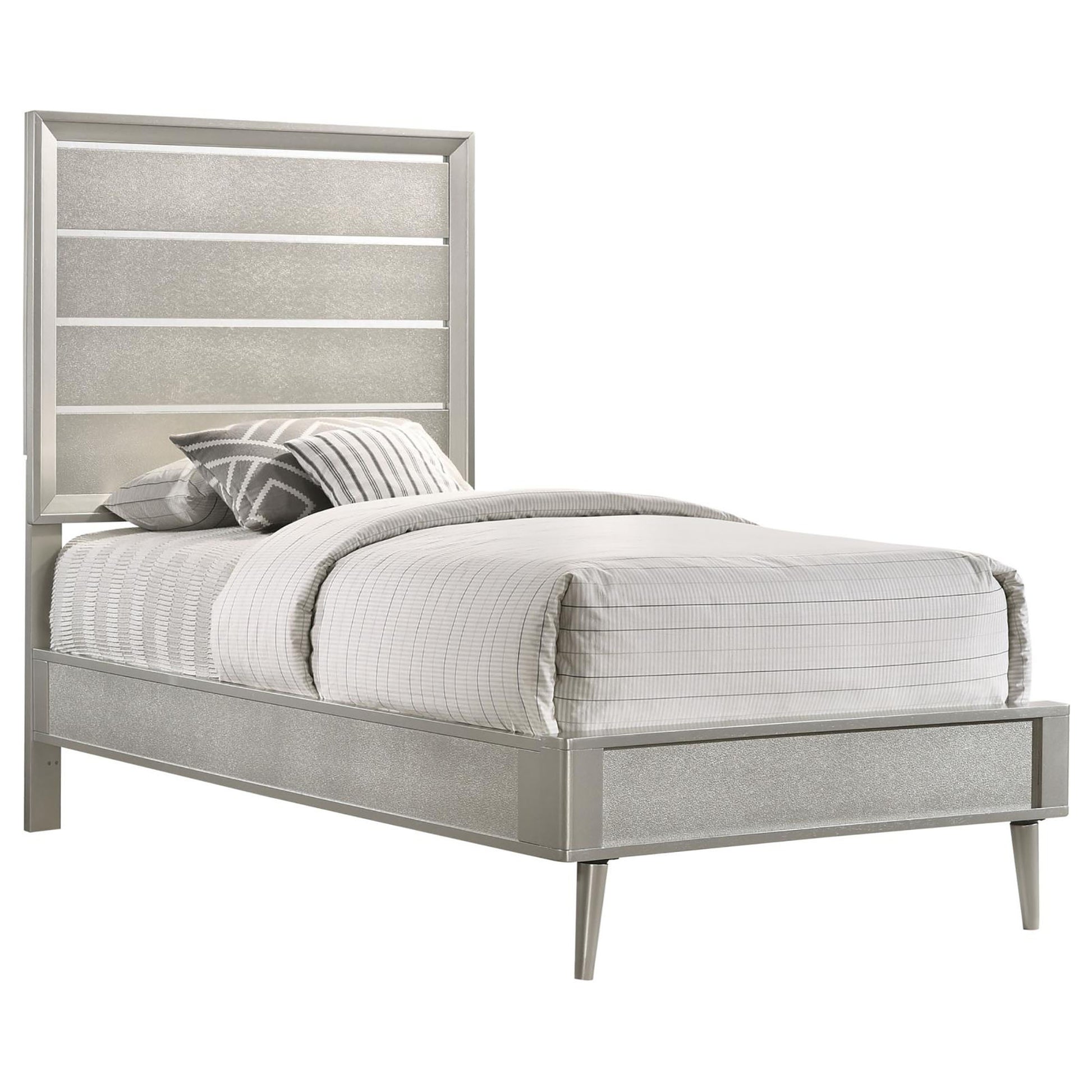 Metallic Sterling Panel Bed With Tapered Legs Twin Silver Wood Bedroom Glam Rubberwood Panel Wood