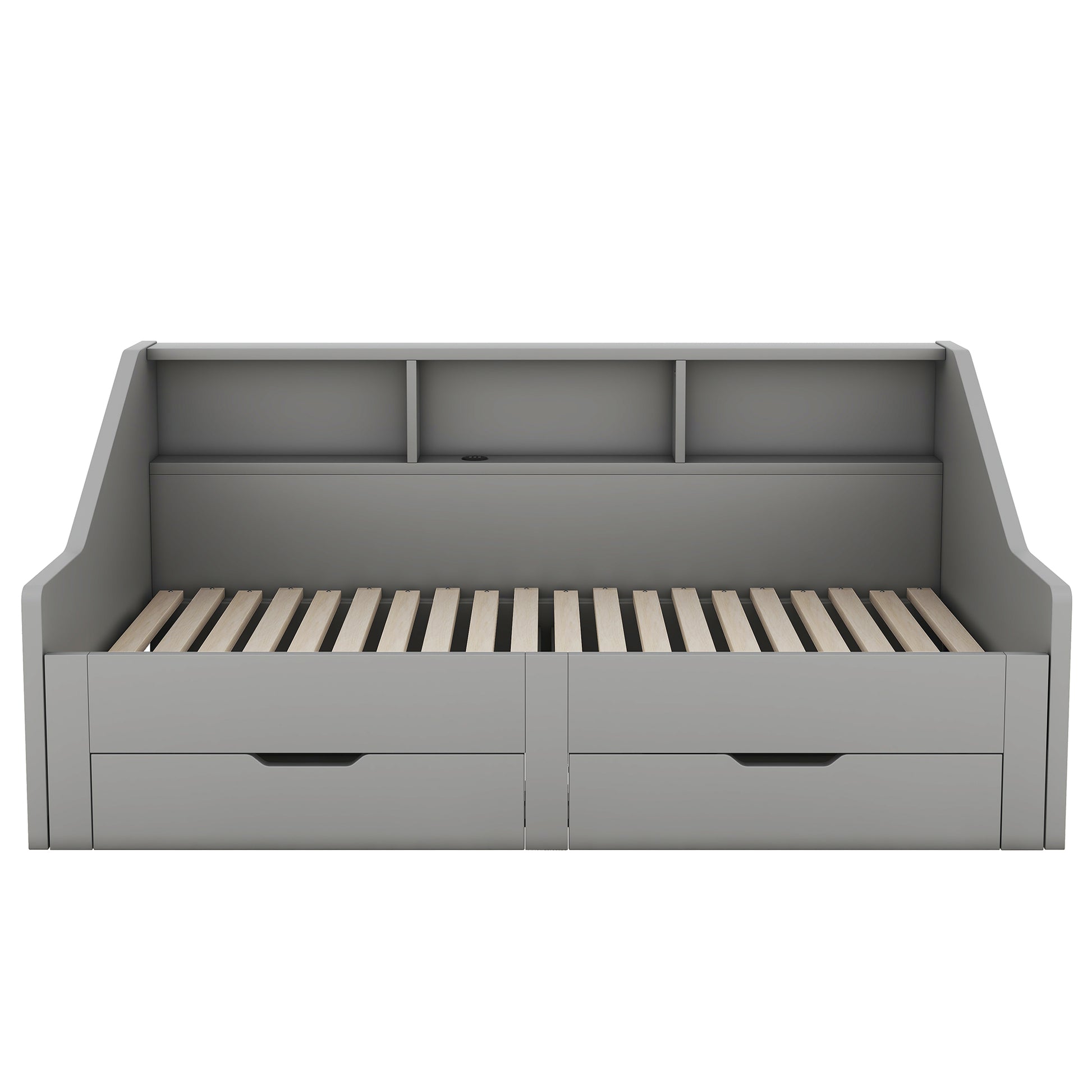 Twin To King Size Daybed Frame With Storage Bookcases And Two Drawers,Charging Design,Gray Gray Solid Wood Mdf