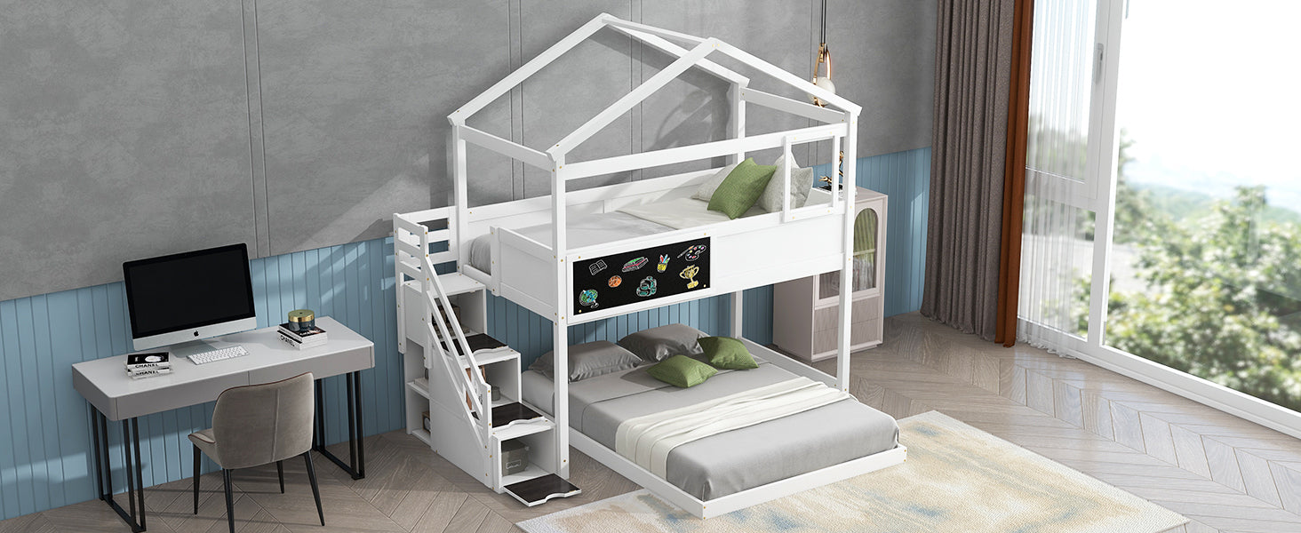 Twin Over Full House Bunk Bed With Storage Staircase And Blackboard,White Old Sku: Gx001701Aak Box Spring Not Required White Wood Bedroom Bunk Pine