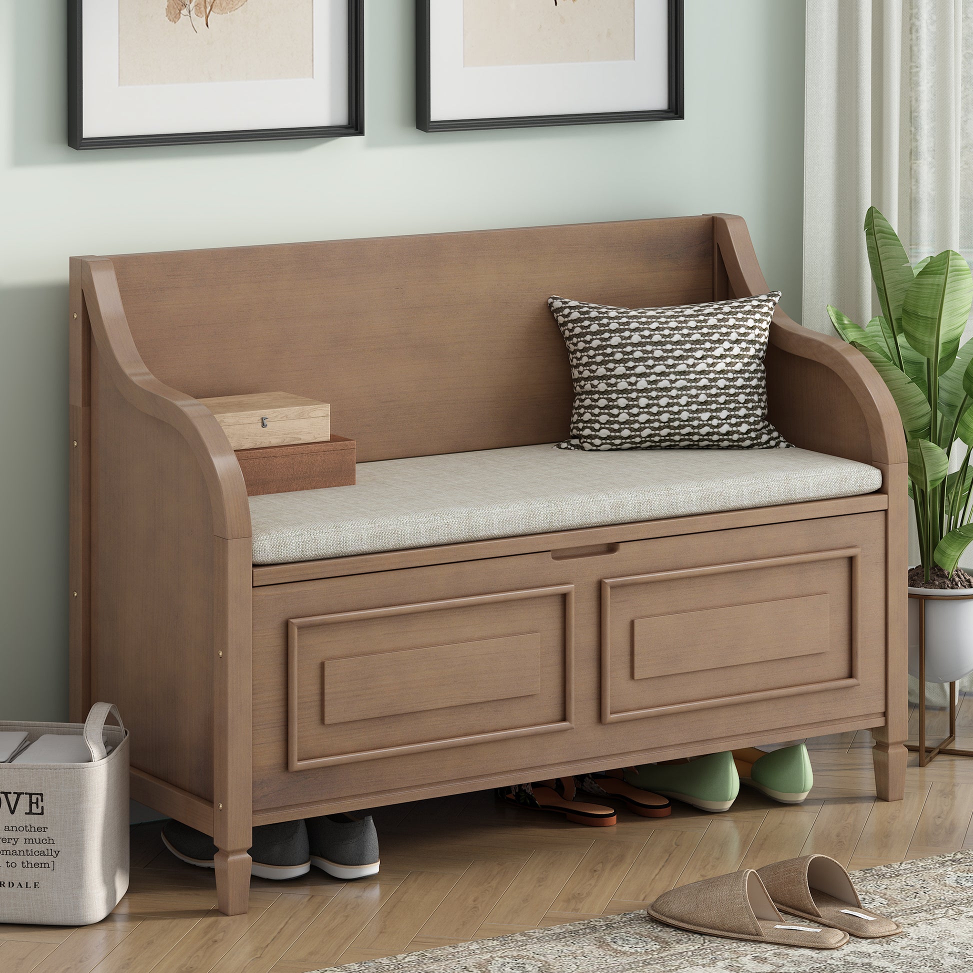 Rustic Style Solid Wood Entryway Multifunctional Storage Bench With Sa