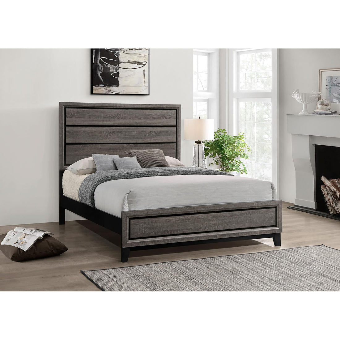 Rustic Grey Oak Queen Panel Bed Box Spring Required Queen Grey Wood Bedroom Transitional Rubberwood Panel Wood