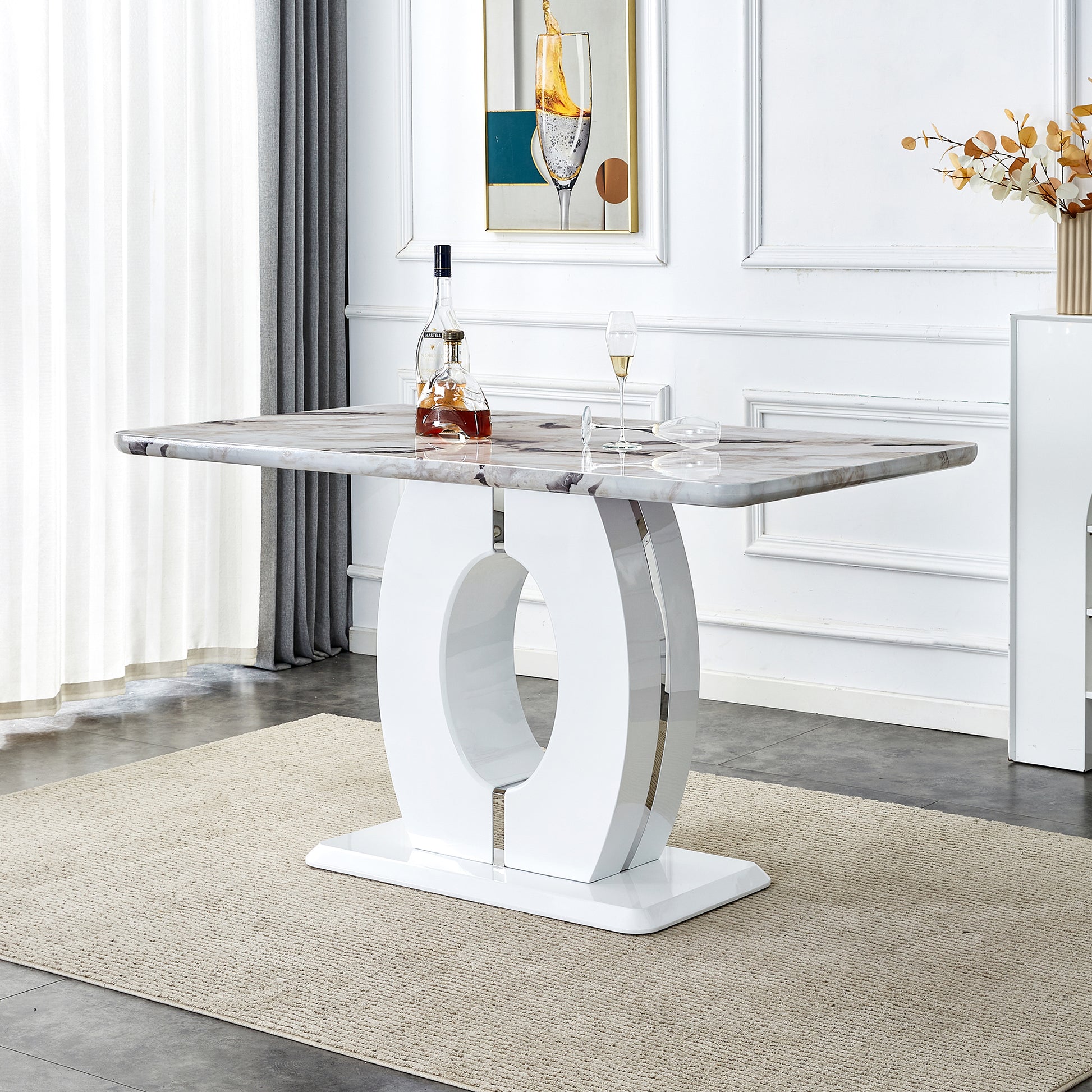 Modern Minimalist White Marble Patterned Dining Table, Bar Table. A Rectangular Office Desk. Game Table. Table. Used In Restaurants, Living Rooms, Terraces, Kitchens 63"*37"* 36.2" 1280 White Mdf